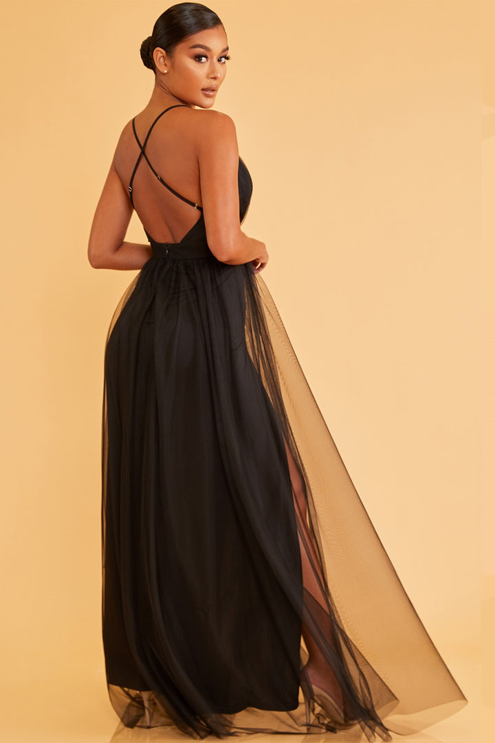 WOVEN DRESS SOLID MESH MAXI GOWN