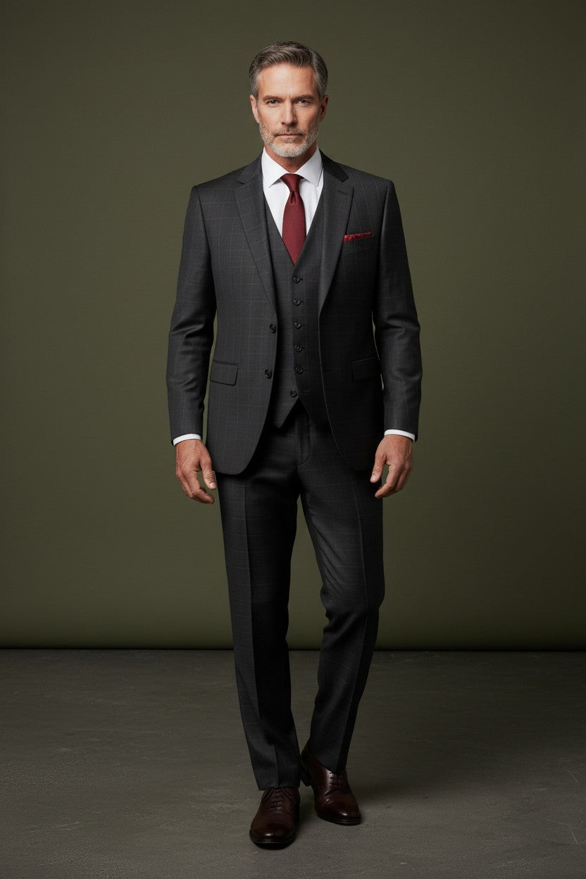 Men's 3-Piece Slim Fit Suit Set - Black & Gray Purple Square Cut