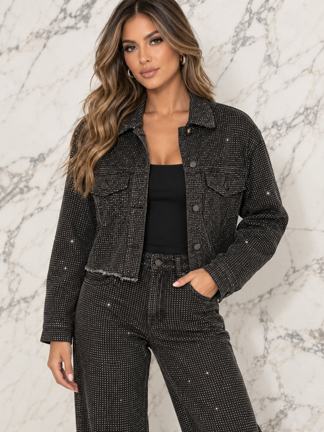 BLACK RHINESTONE CROPPED DENIM JACKET