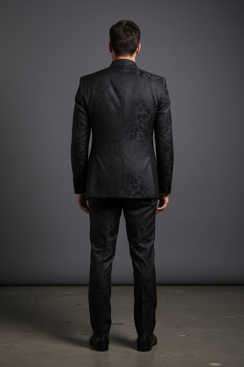 Black Jacquard Mandarin Collar Tuxedo Suit