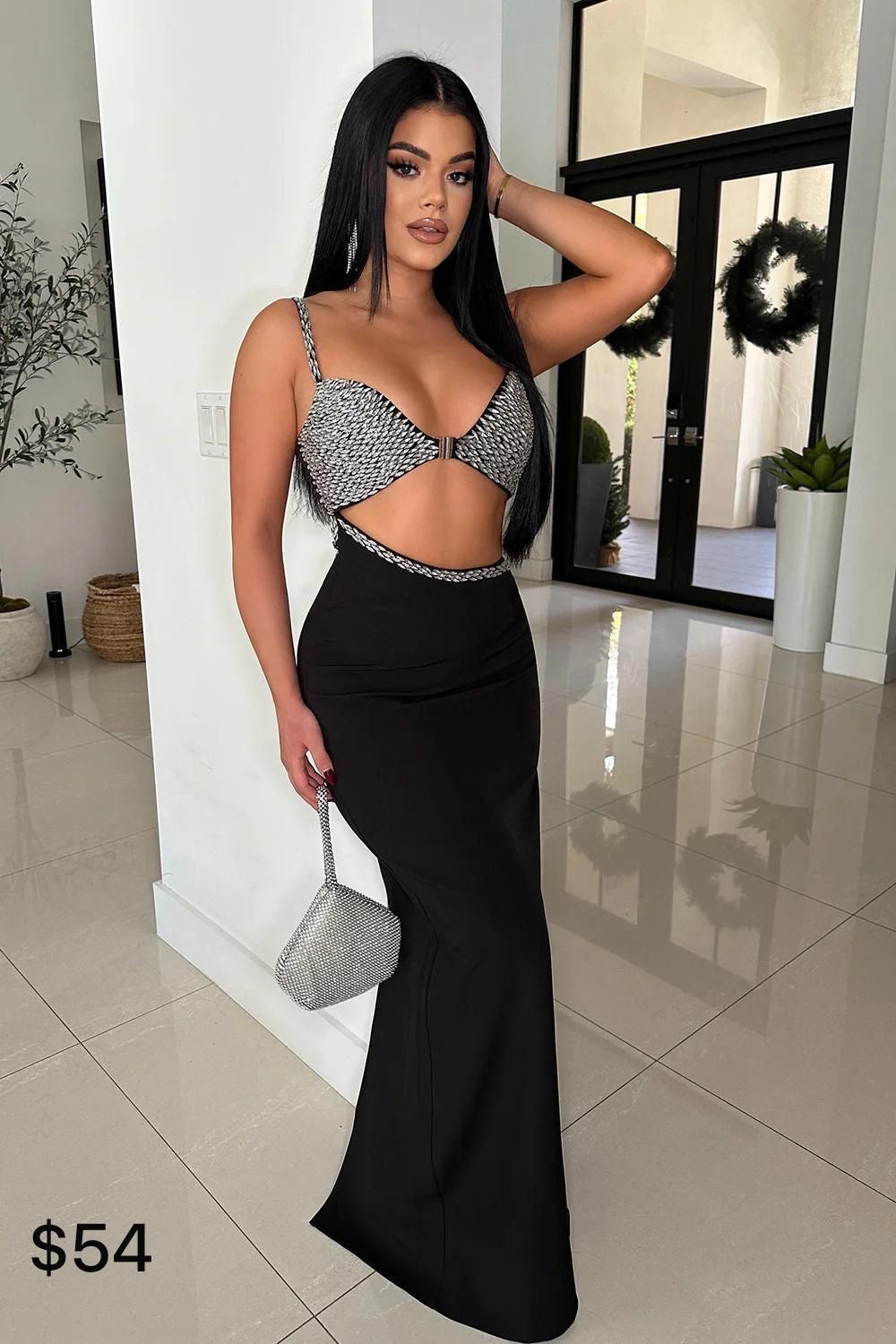 METALLIC EMBELLISHED BLACK DRESS