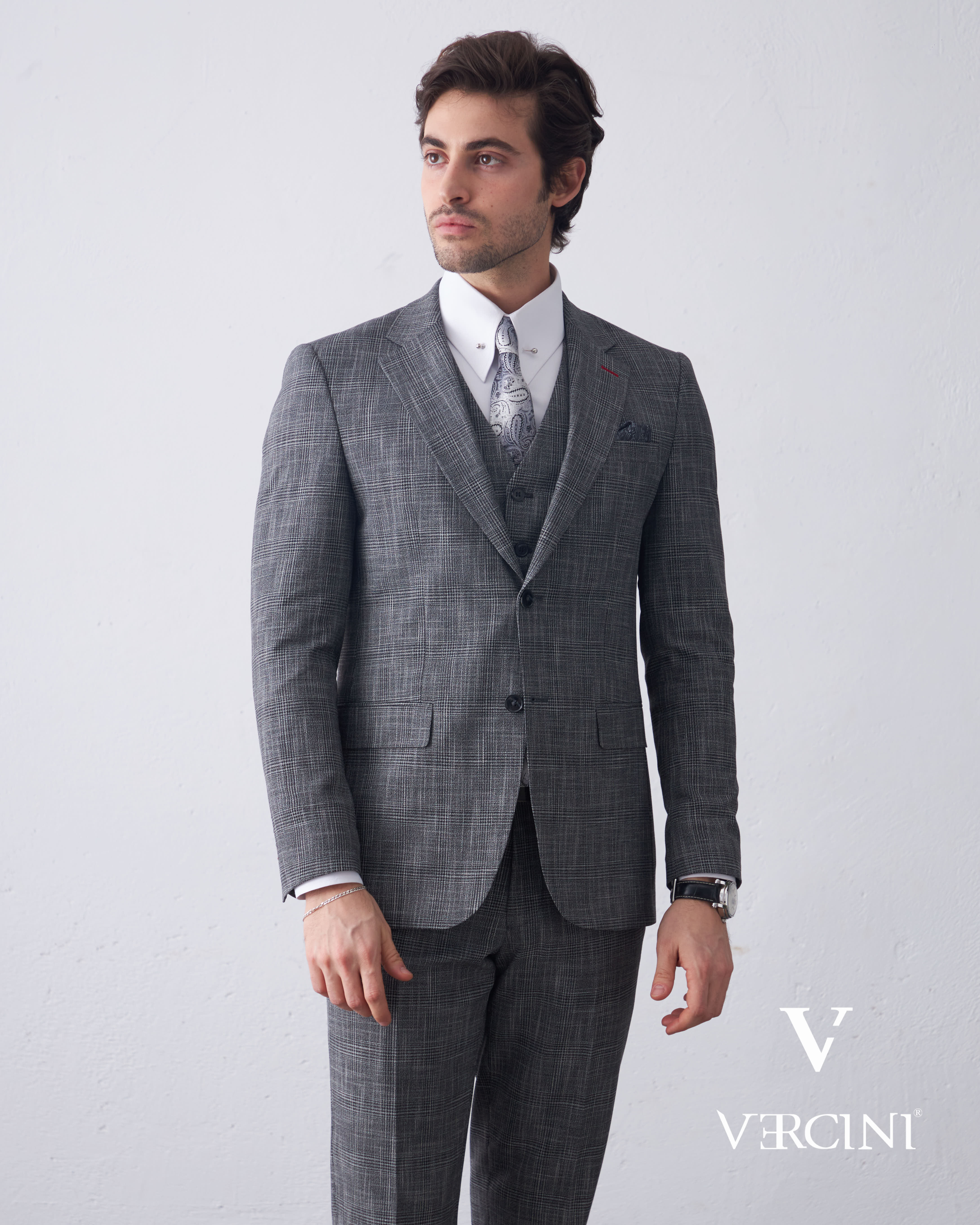 Vercini Charcoal Glen Check Three-Piece Suit | Premium Wool