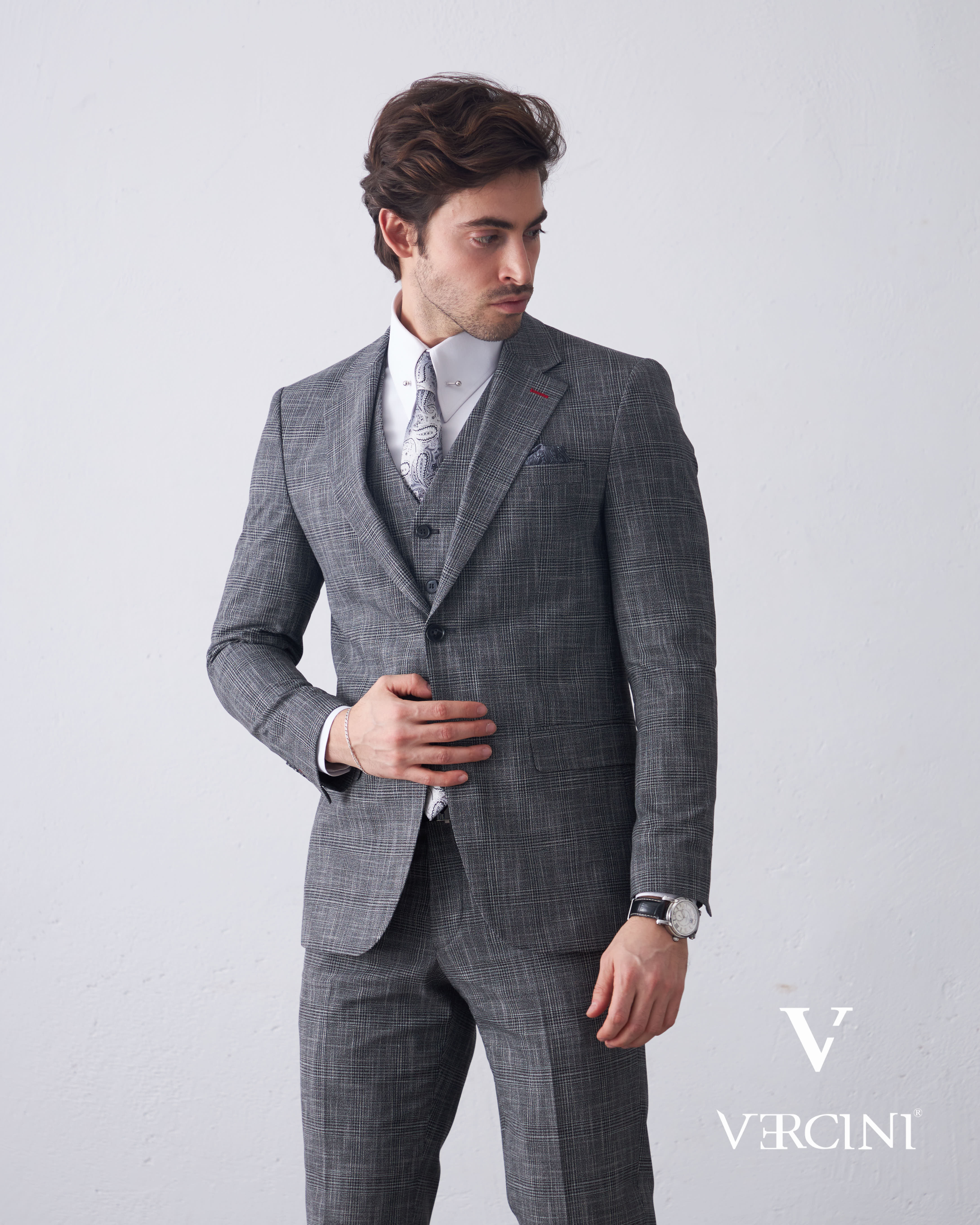Vercini Charcoal Glen Check Three-Piece Suit | Premium Wool