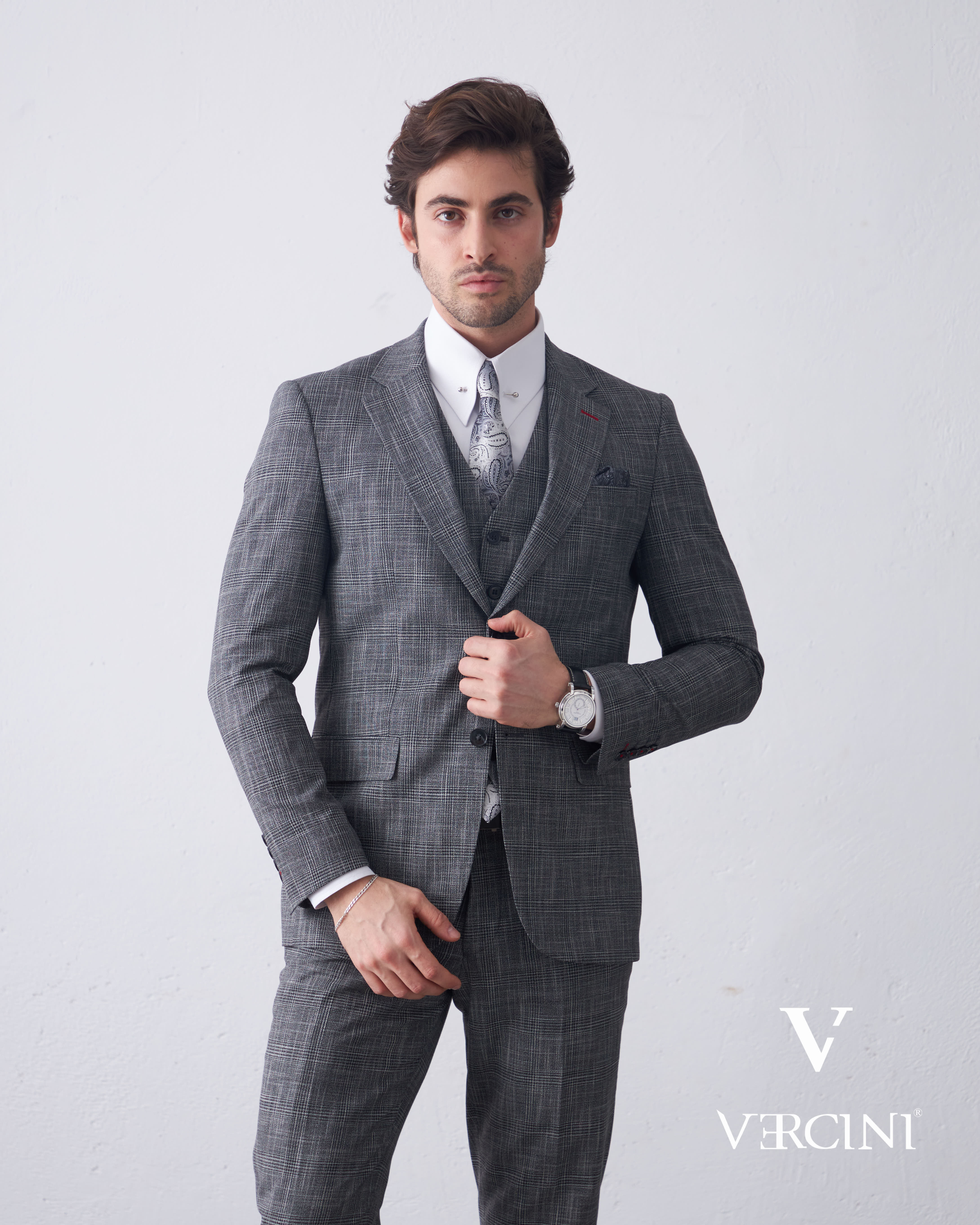 Vercini Charcoal Glen Check Three-Piece Suit | Premium Wool
