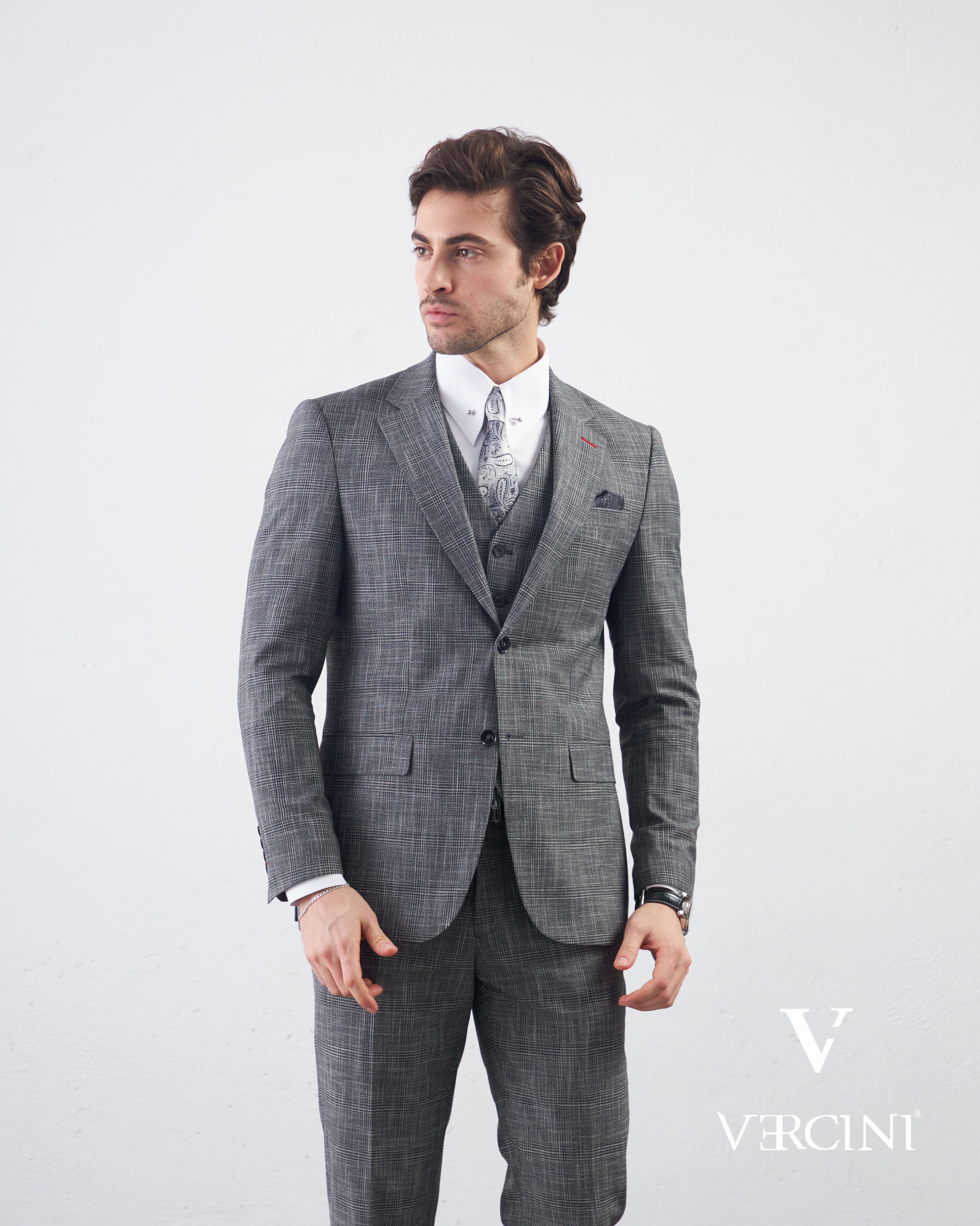 Vercini Charcoal Glen Check Three-Piece Suit | Premium Wool