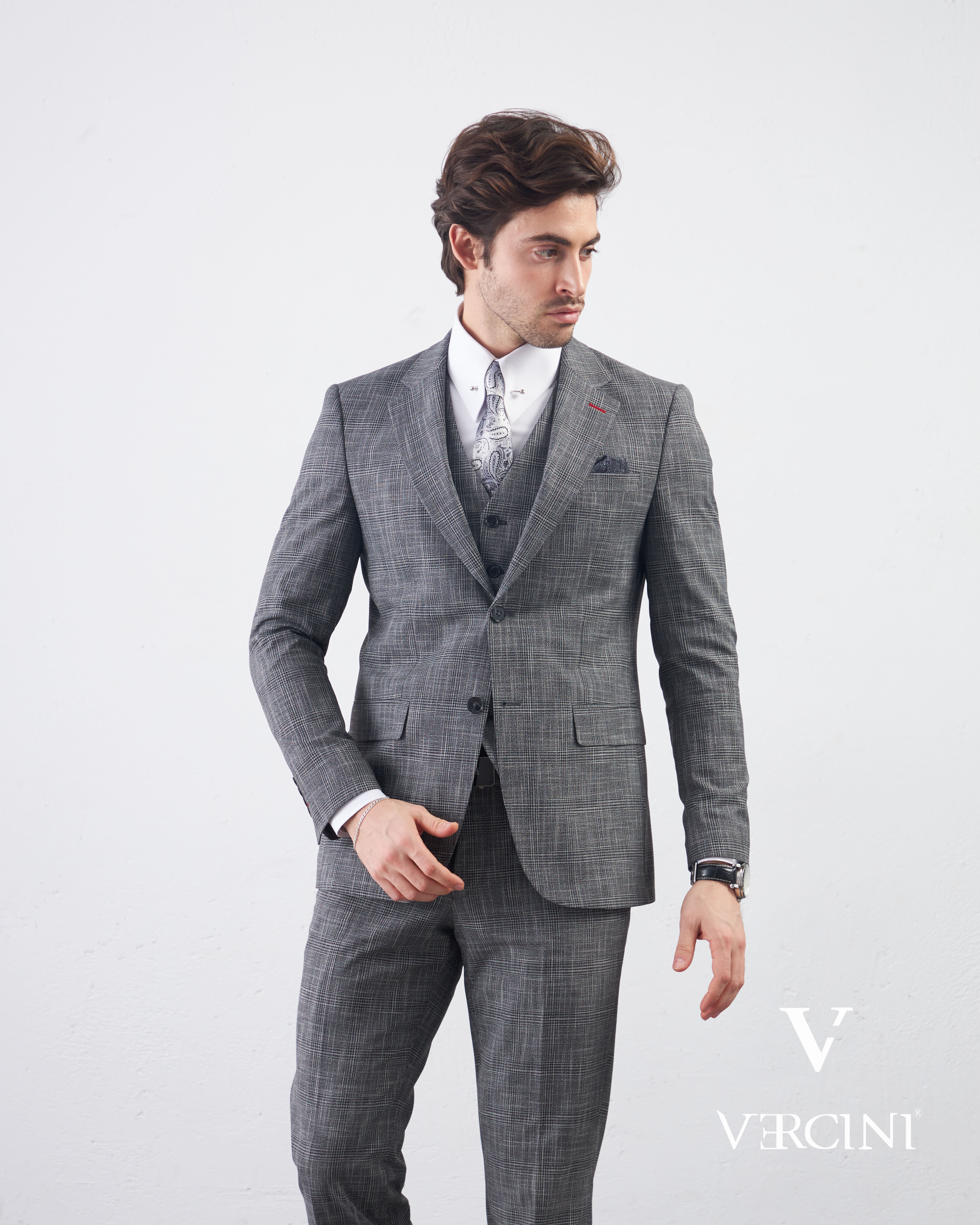 Vercini Charcoal Glen Check Three-Piece Suit | Premium Wool