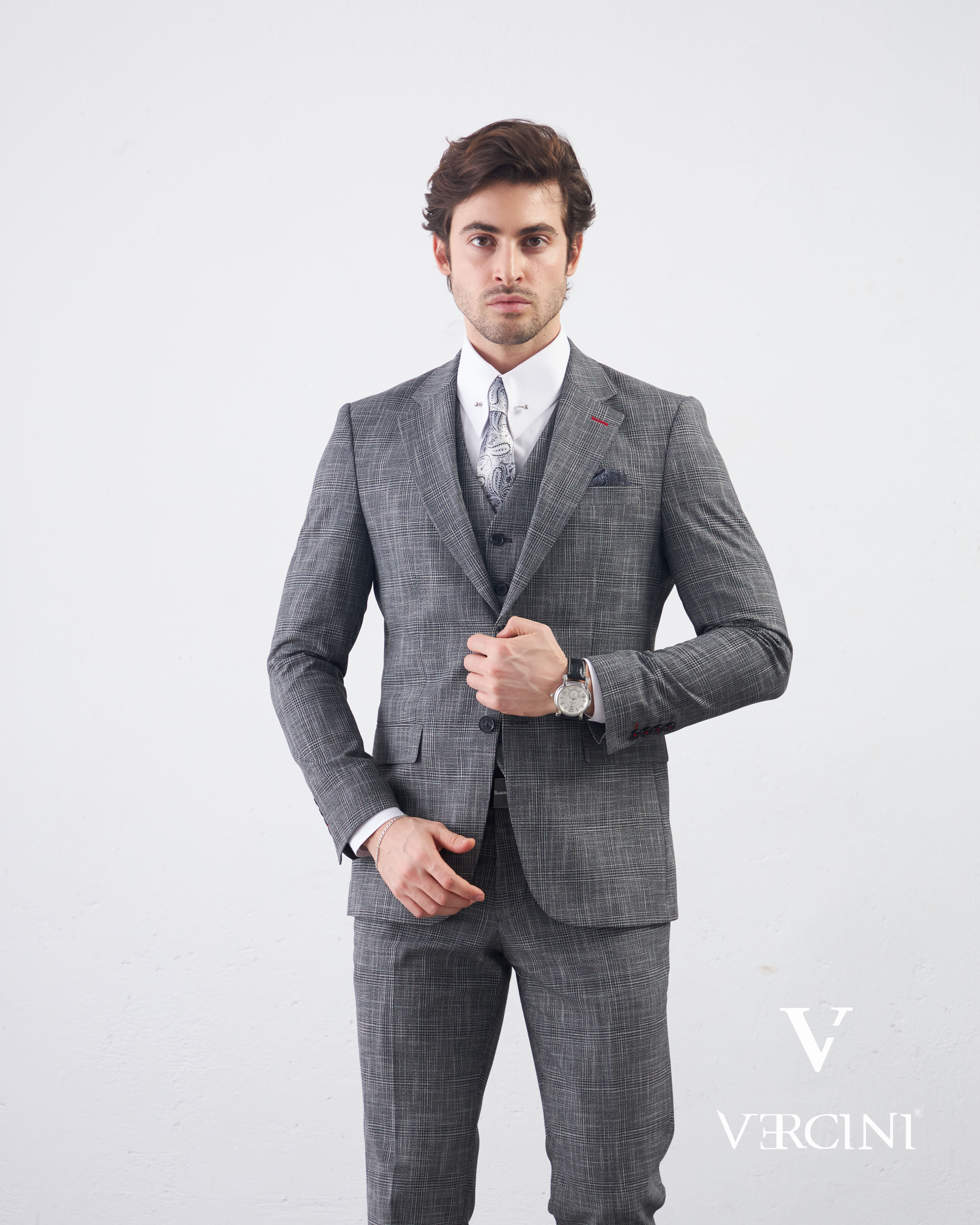 Vercini Charcoal Glen Check Three-Piece Suit | Premium Wool