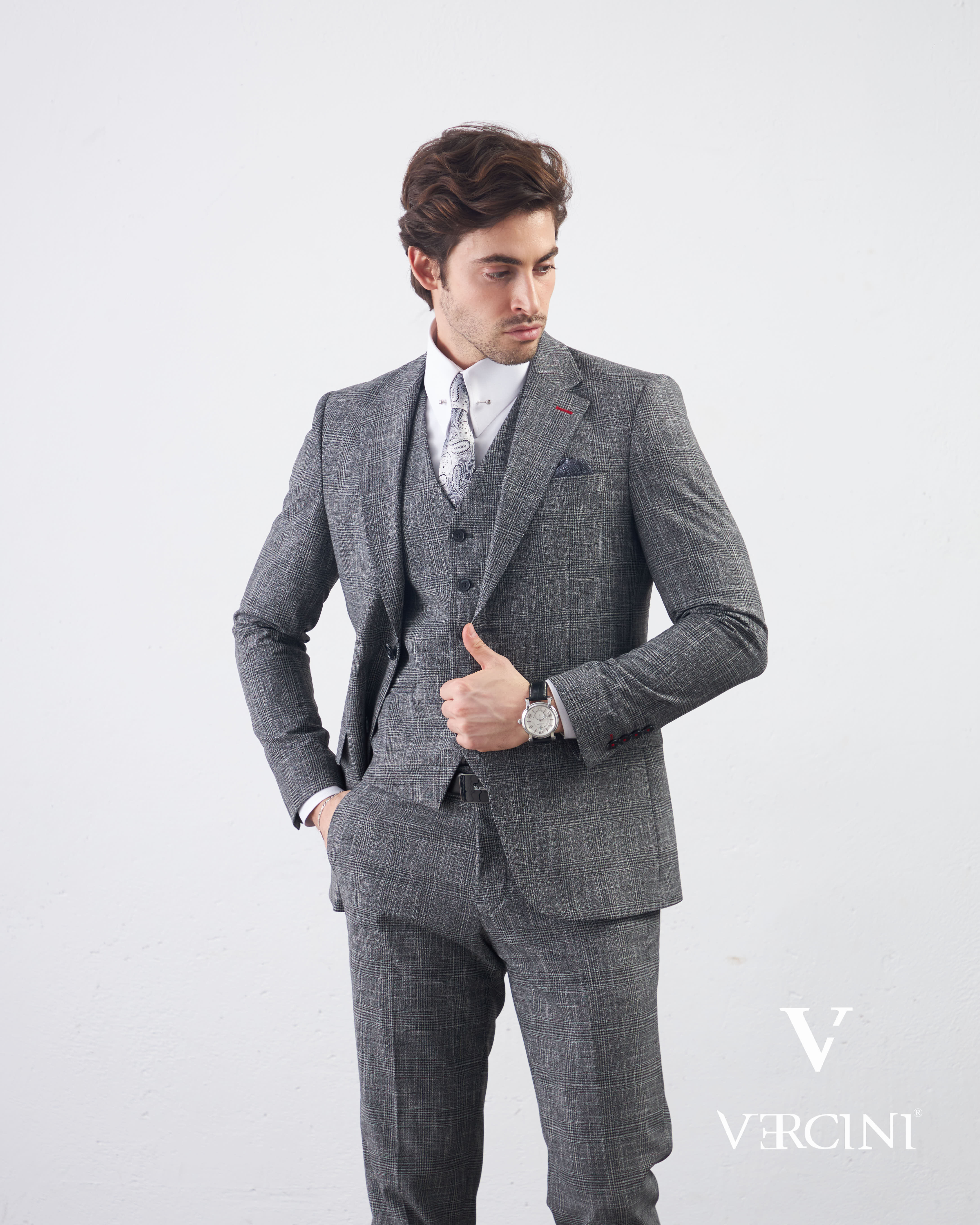 Vercini Charcoal Glen Check Three-Piece Suit | Premium Wool