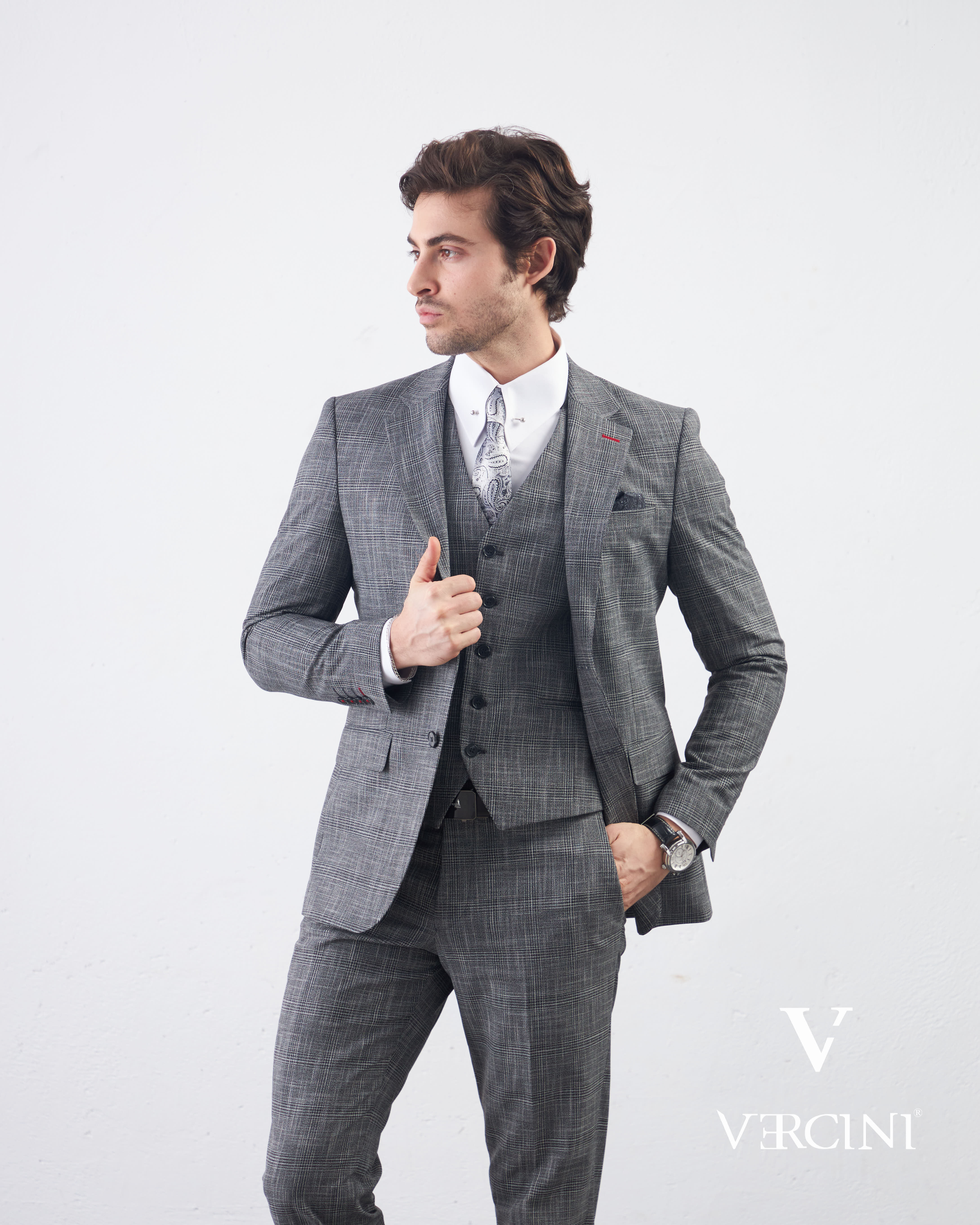 Vercini Charcoal Glen Check Three-Piece Suit | Premium Wool