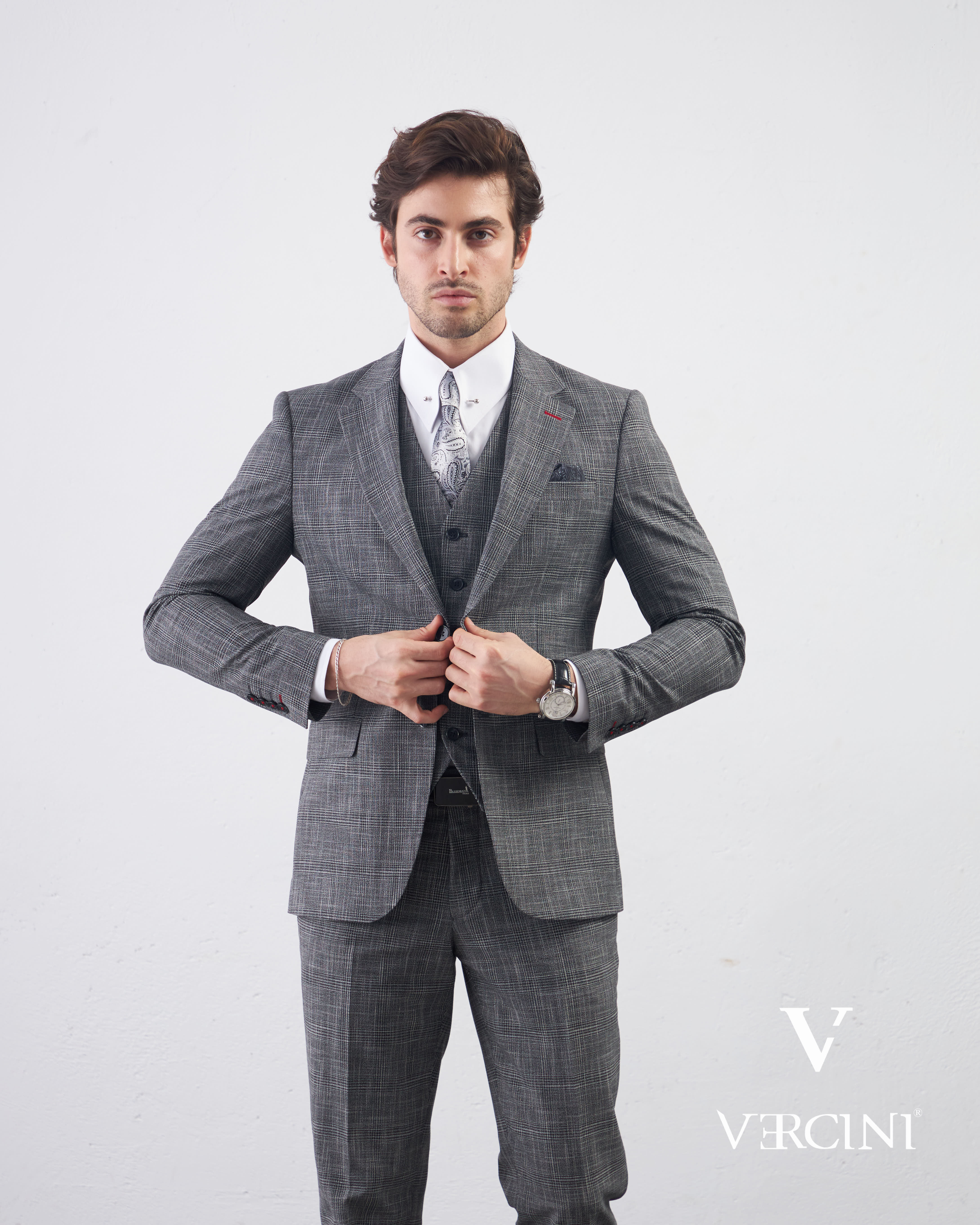 Vercini Charcoal Glen Check Three-Piece Suit | Premium Wool