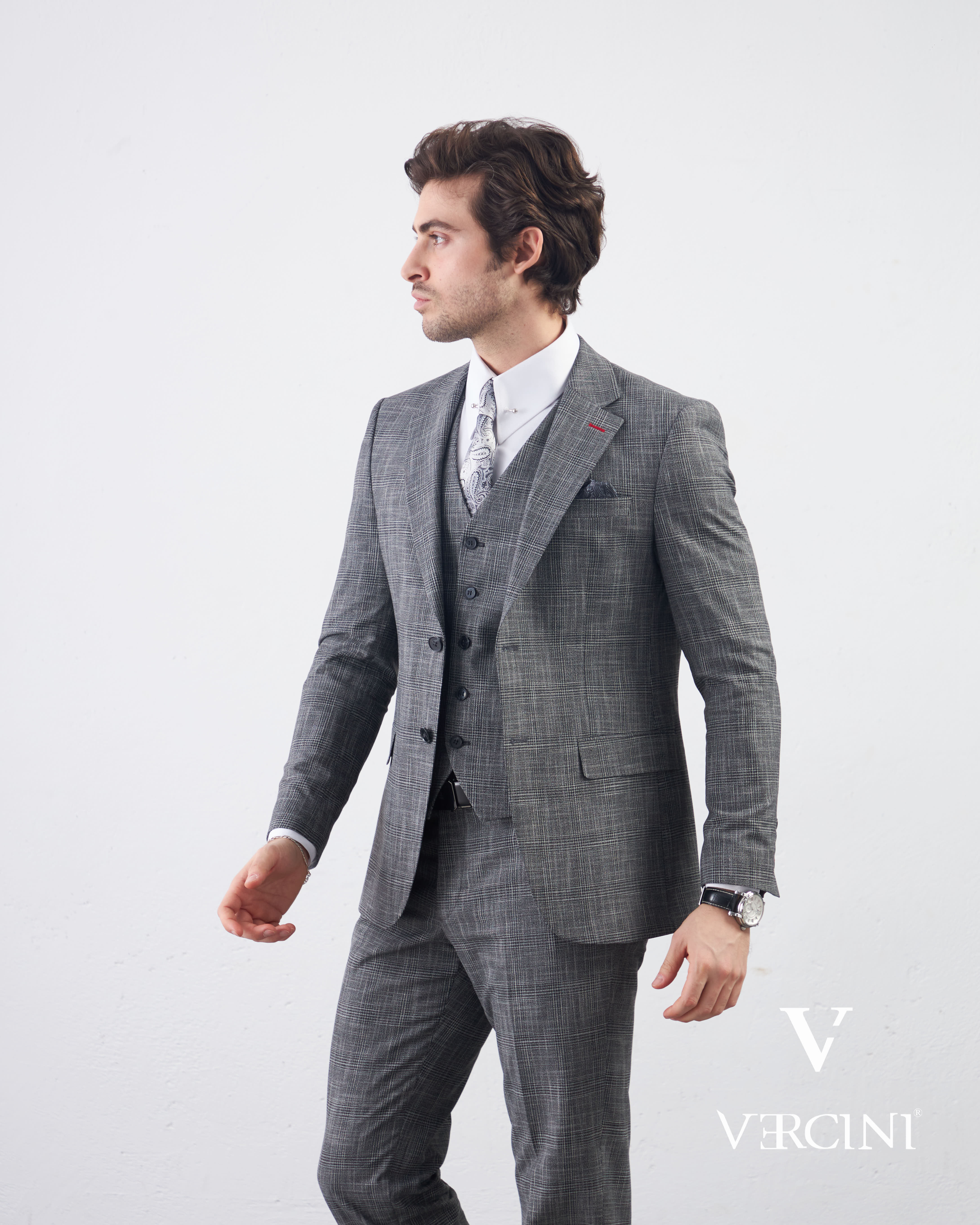 Vercini Charcoal Glen Check Three-Piece Suit | Premium Wool