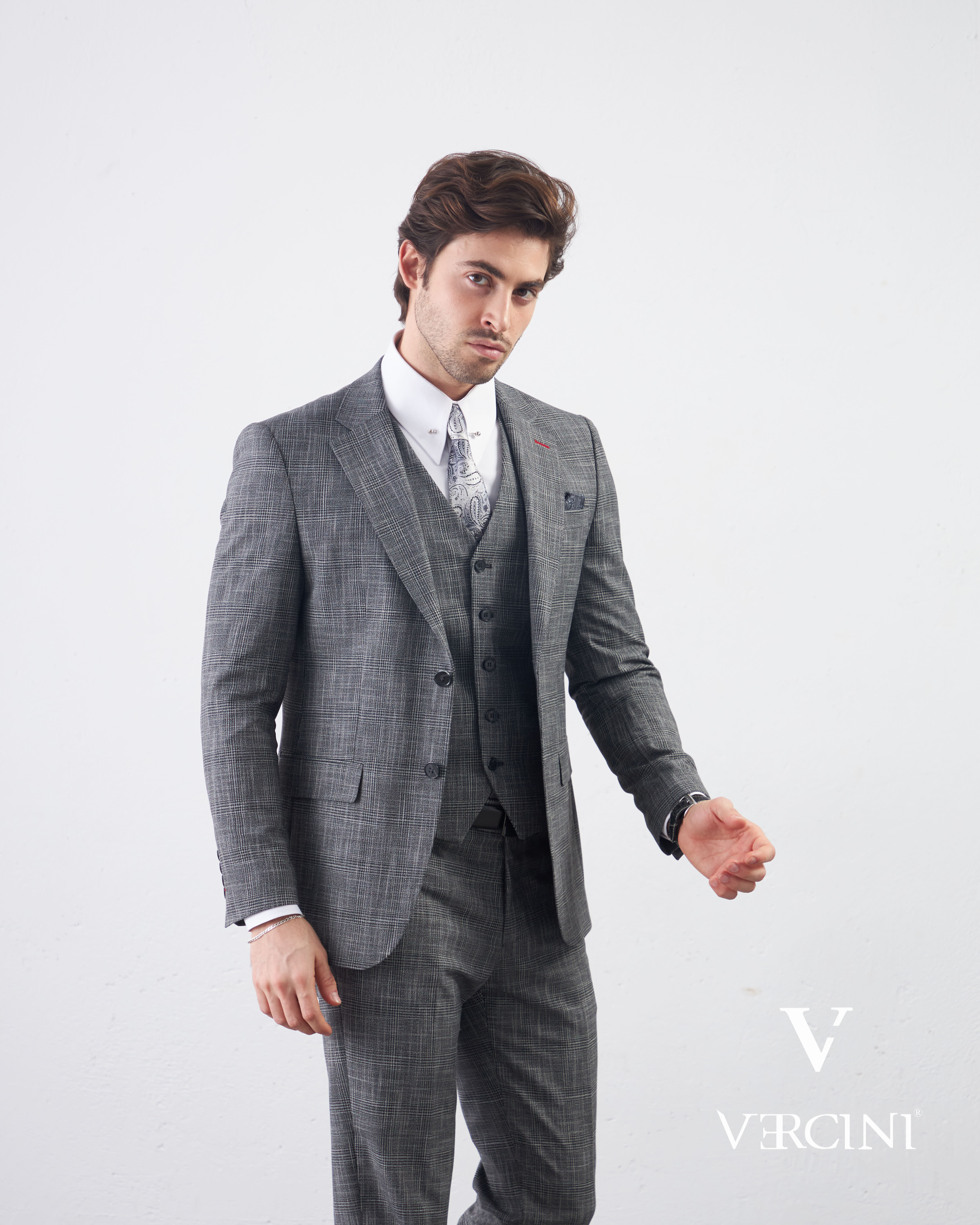 Vercini Charcoal Glen Check Three-Piece Suit | Premium Wool