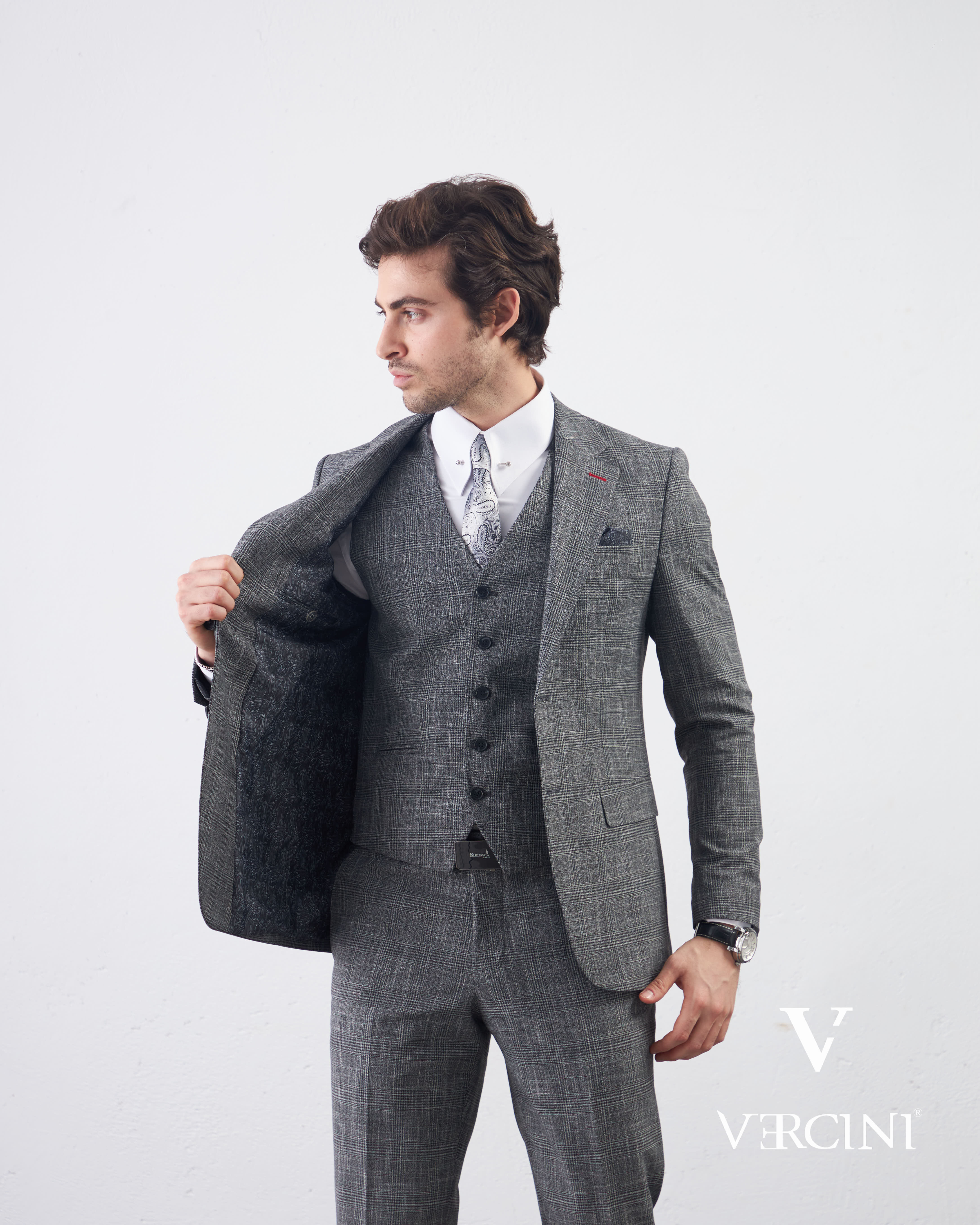 Vercini Charcoal Glen Check Three-Piece Suit | Premium Wool