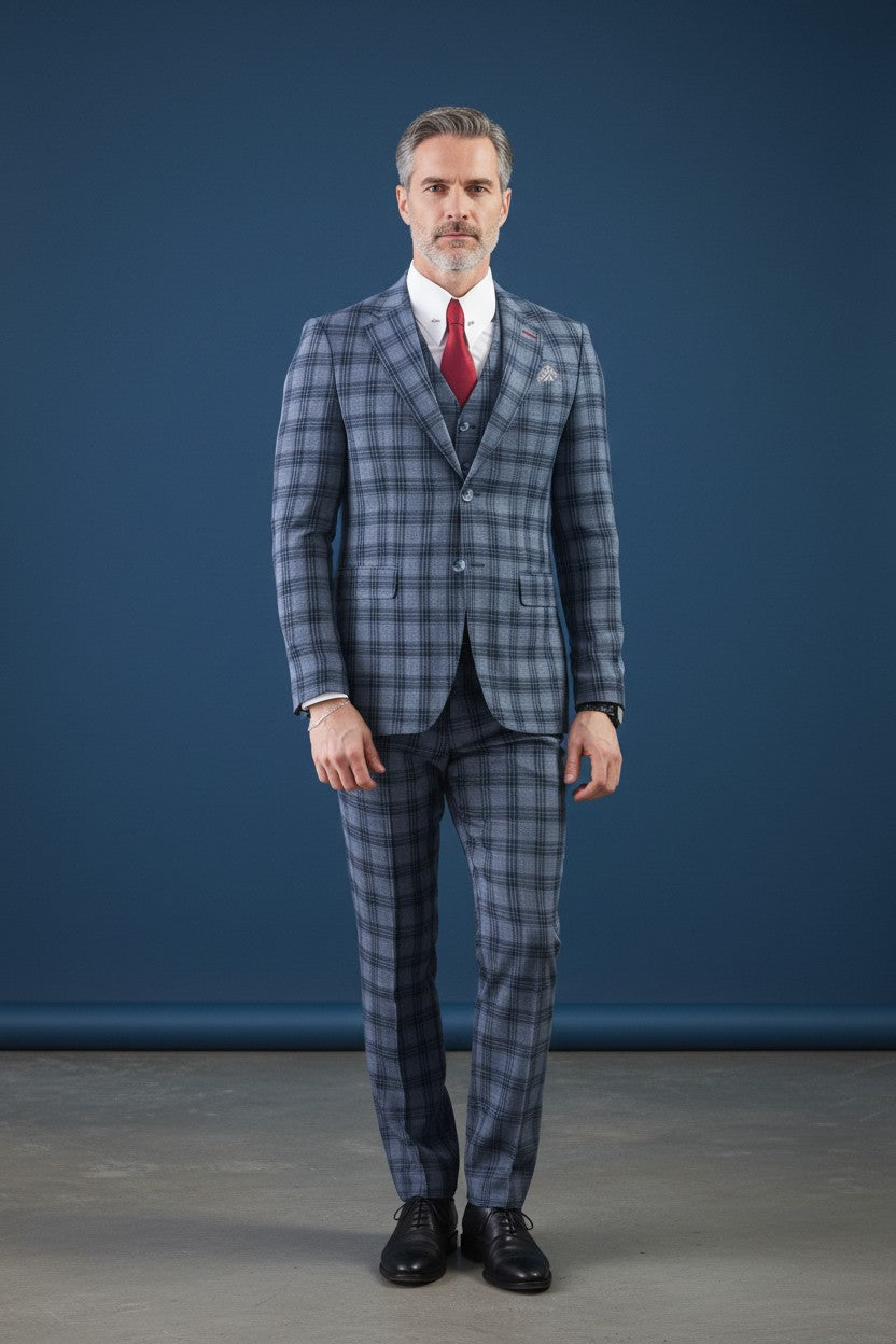 Vercini Men's Elegante Plaid Three-Piece Suit