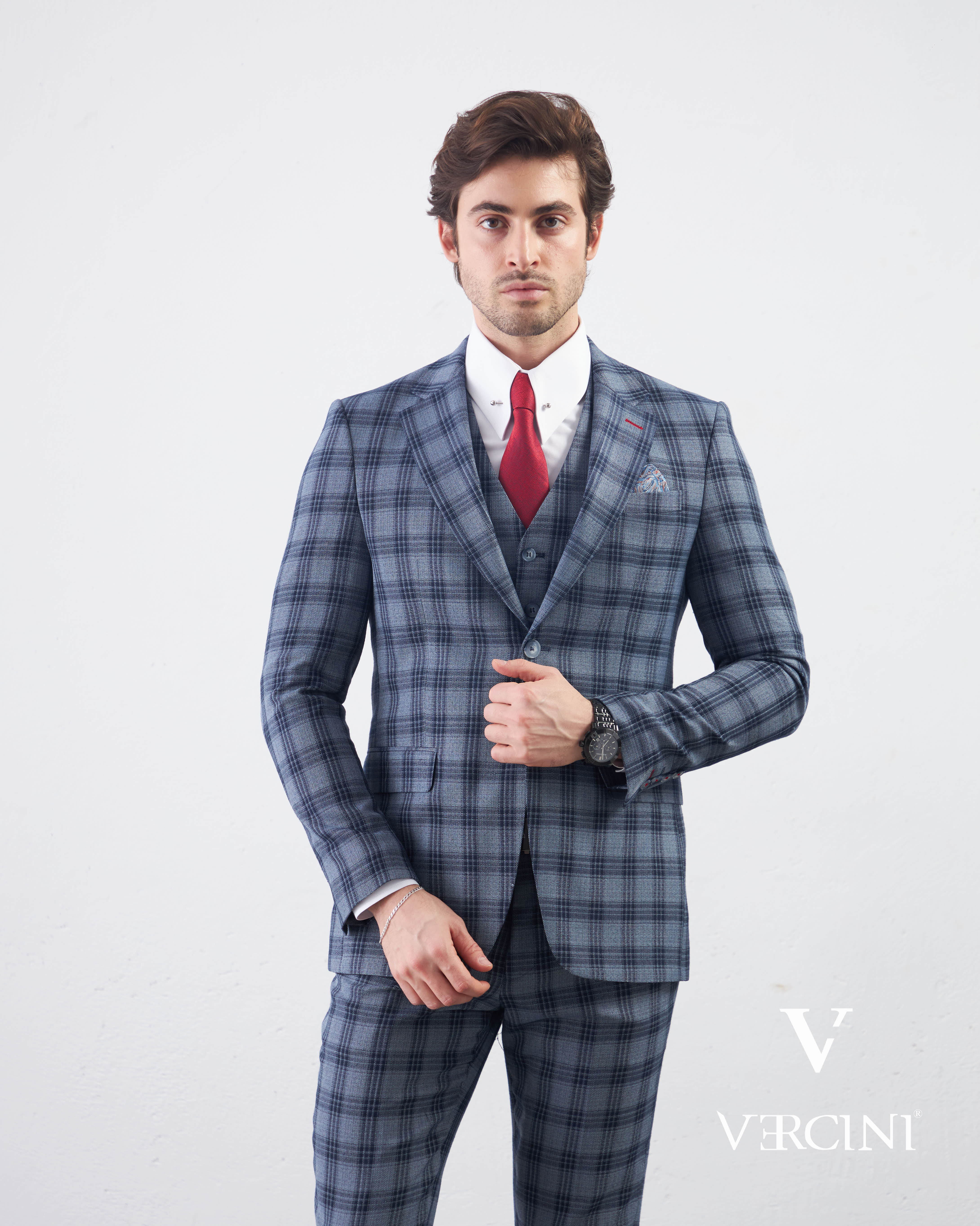 Vercini Men's Elegante Plaid Three-Piece Suit