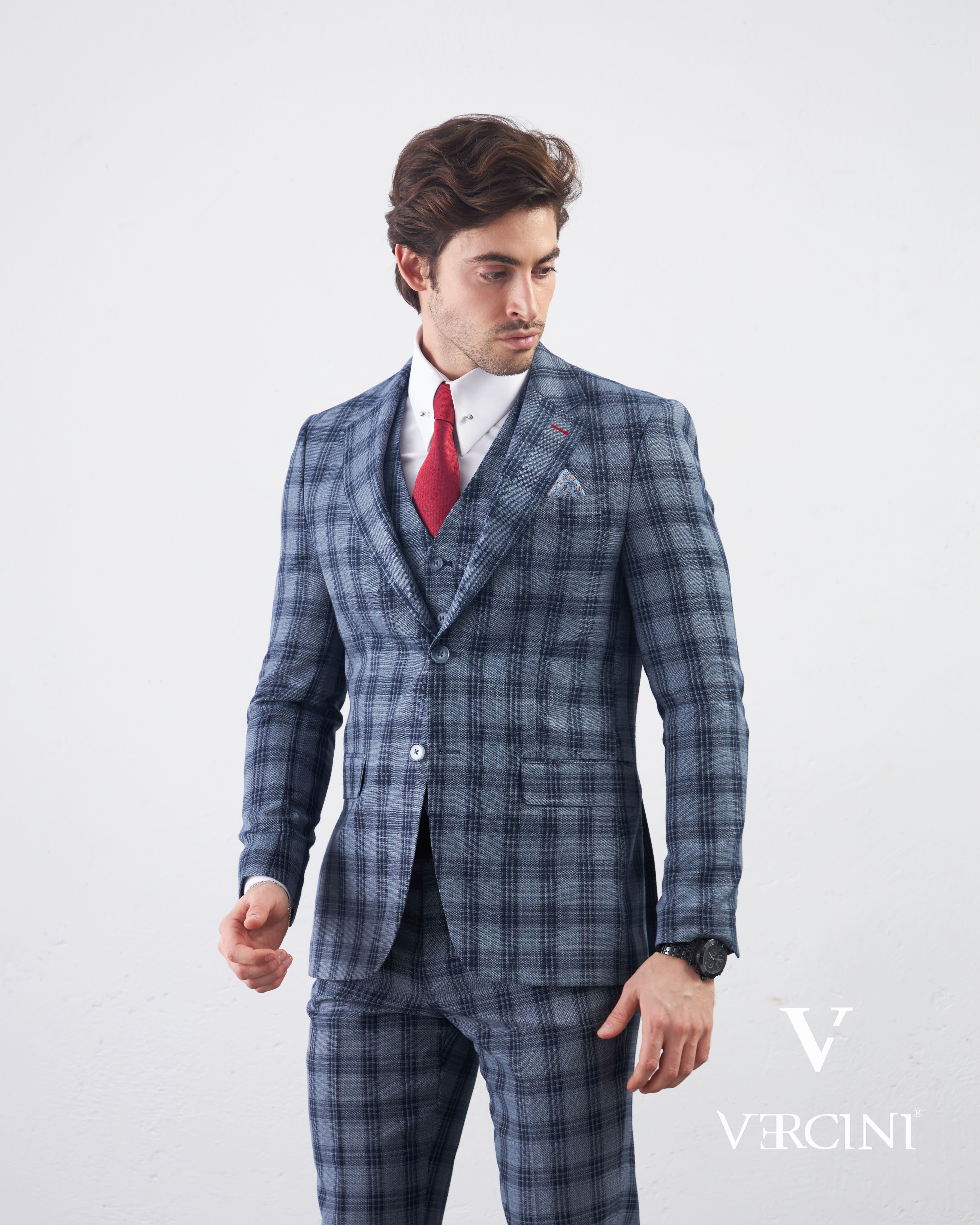 Vercini Men's Elegante Plaid Three-Piece Suit