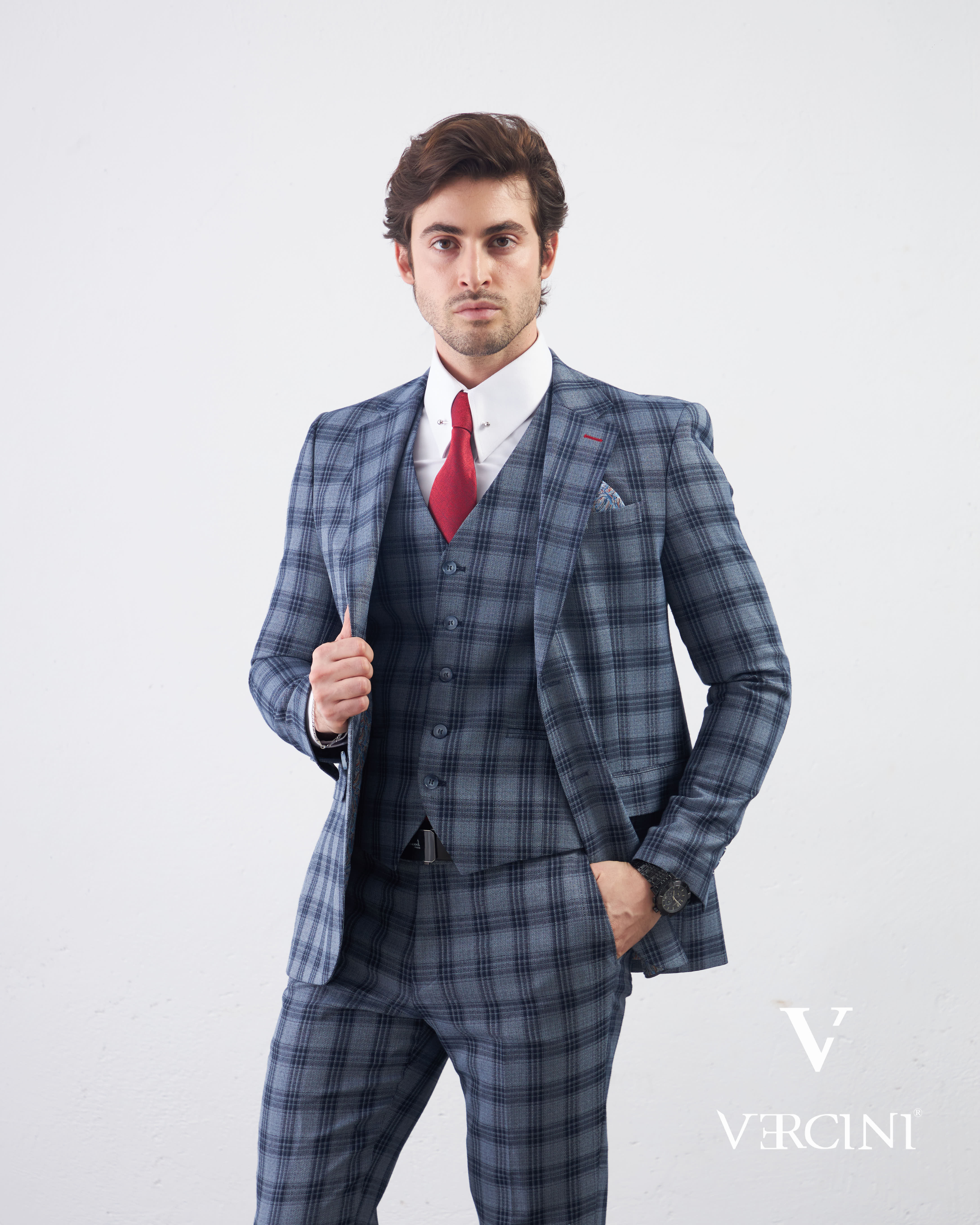 Vercini Men's Elegante Plaid Three-Piece Suit