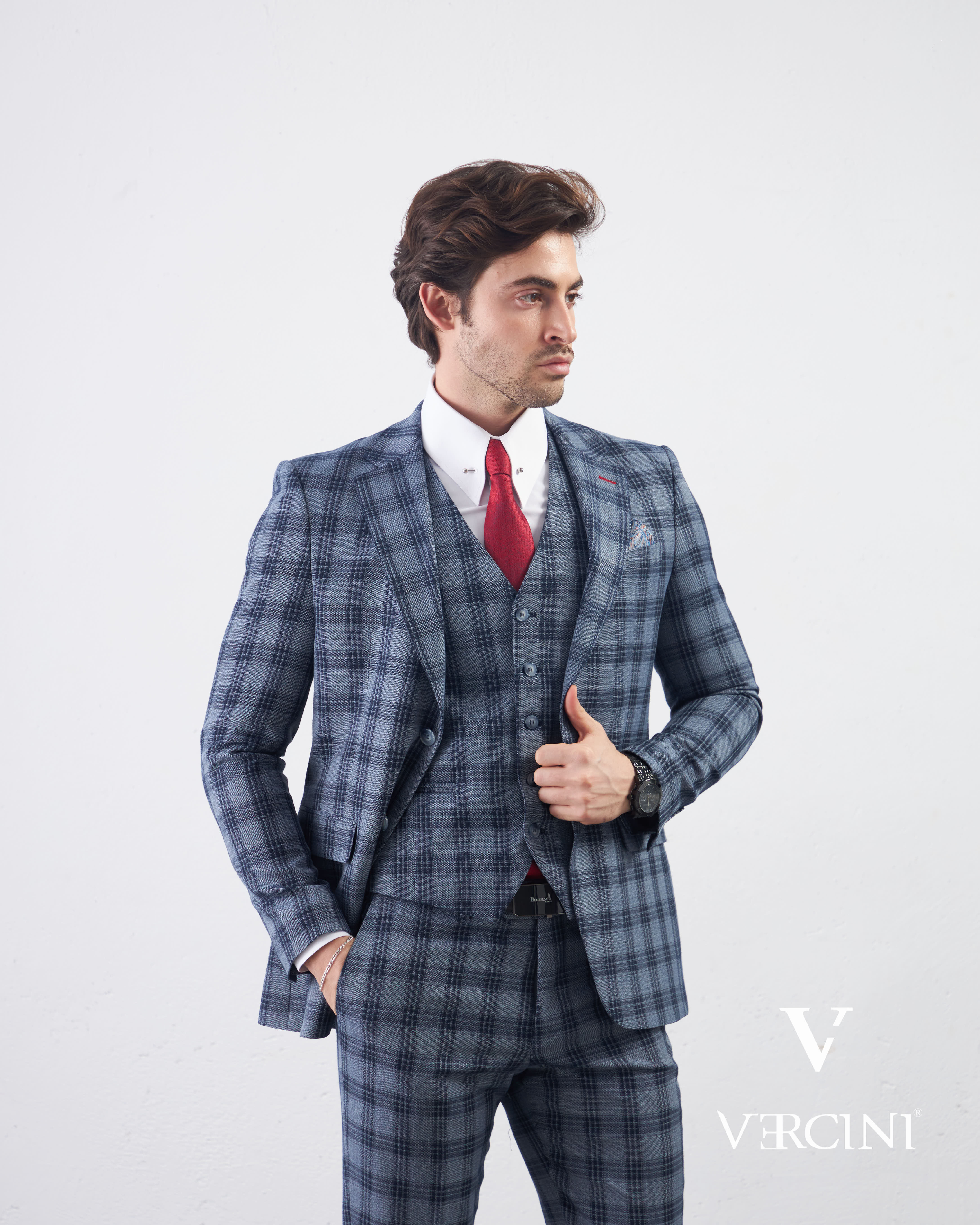 Vercini Men's Elegante Plaid Three-Piece Suit