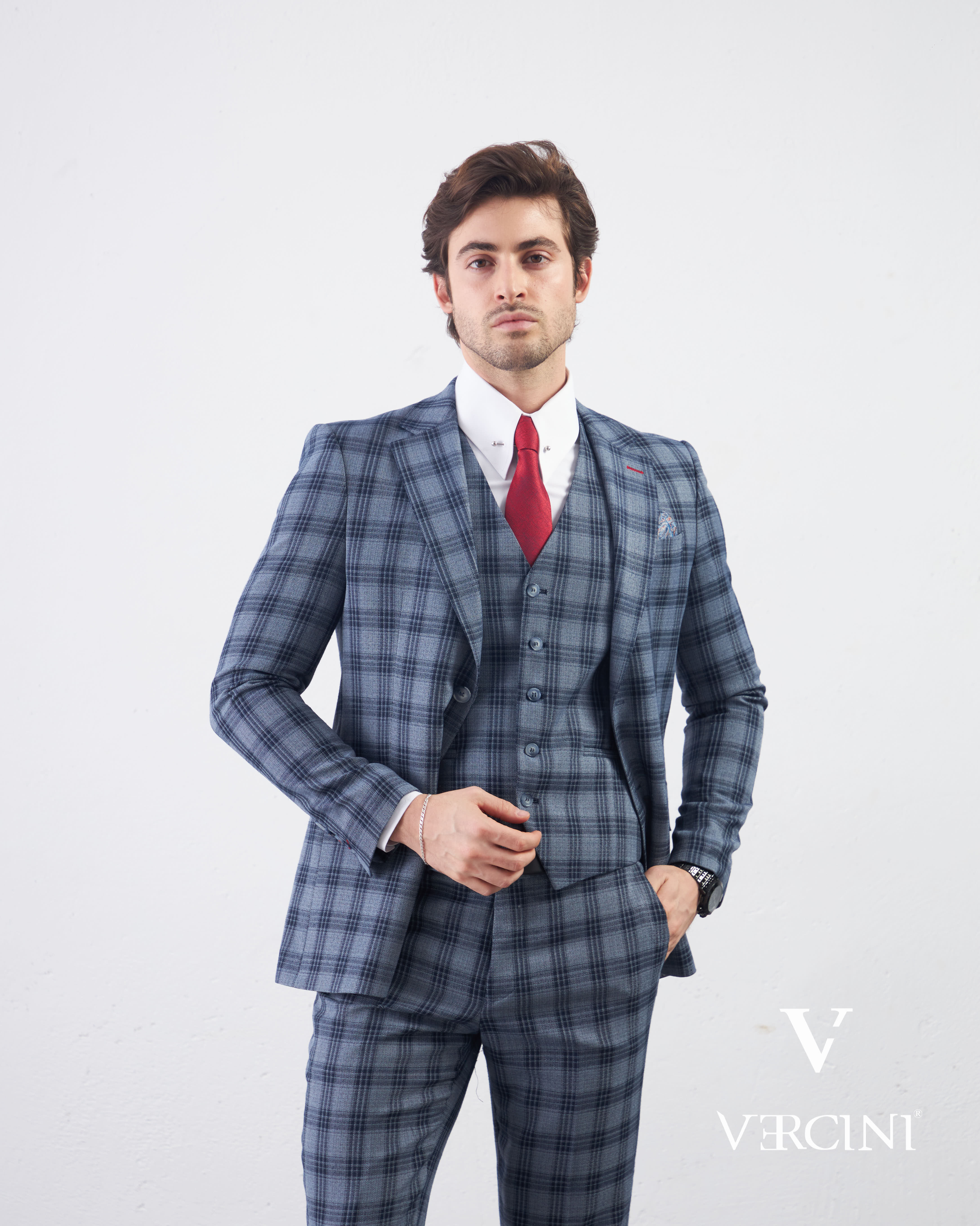 Vercini Men's Elegante Plaid Three-Piece Suit