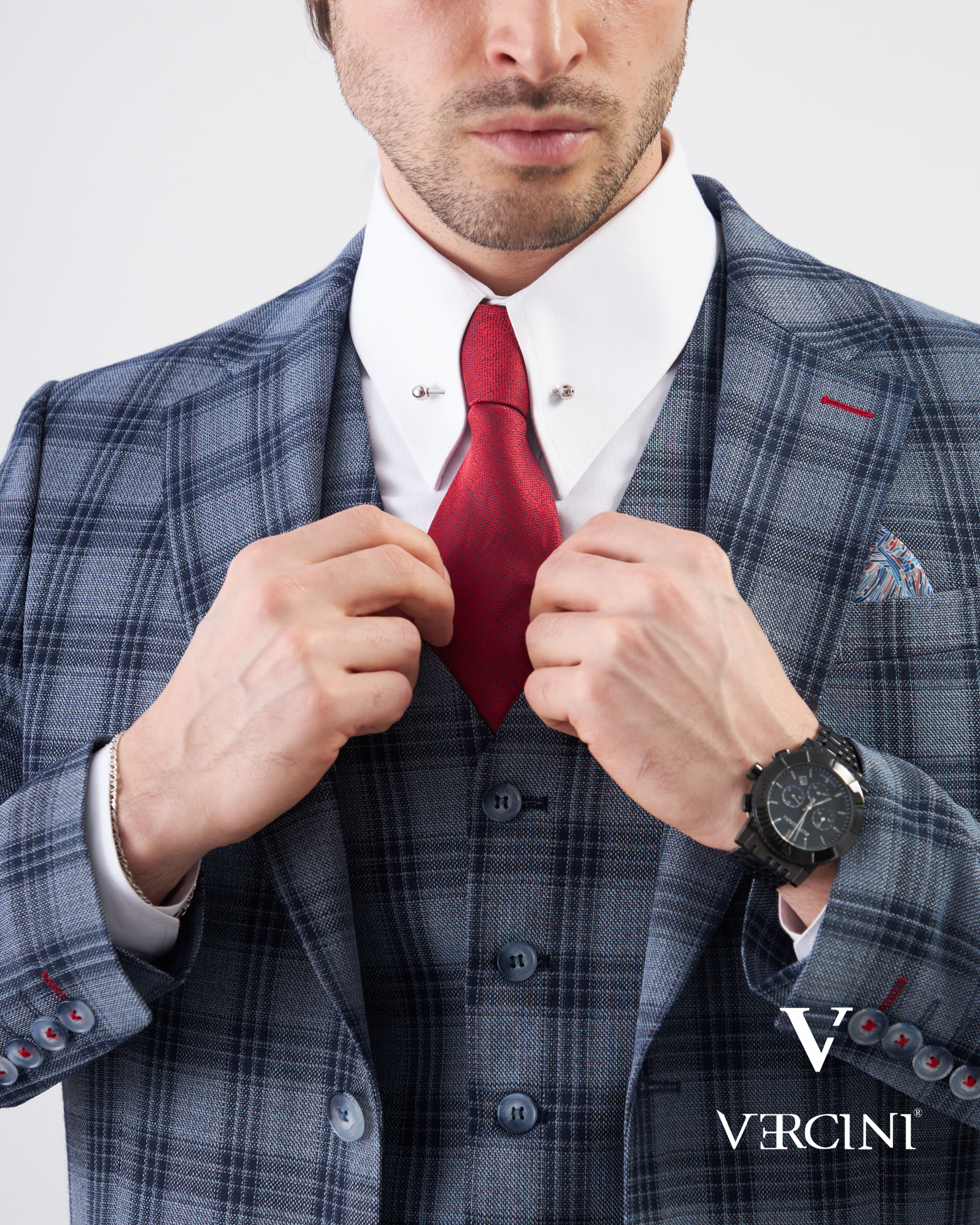 Vercini Men's Elegante Plaid Three-Piece Suit
