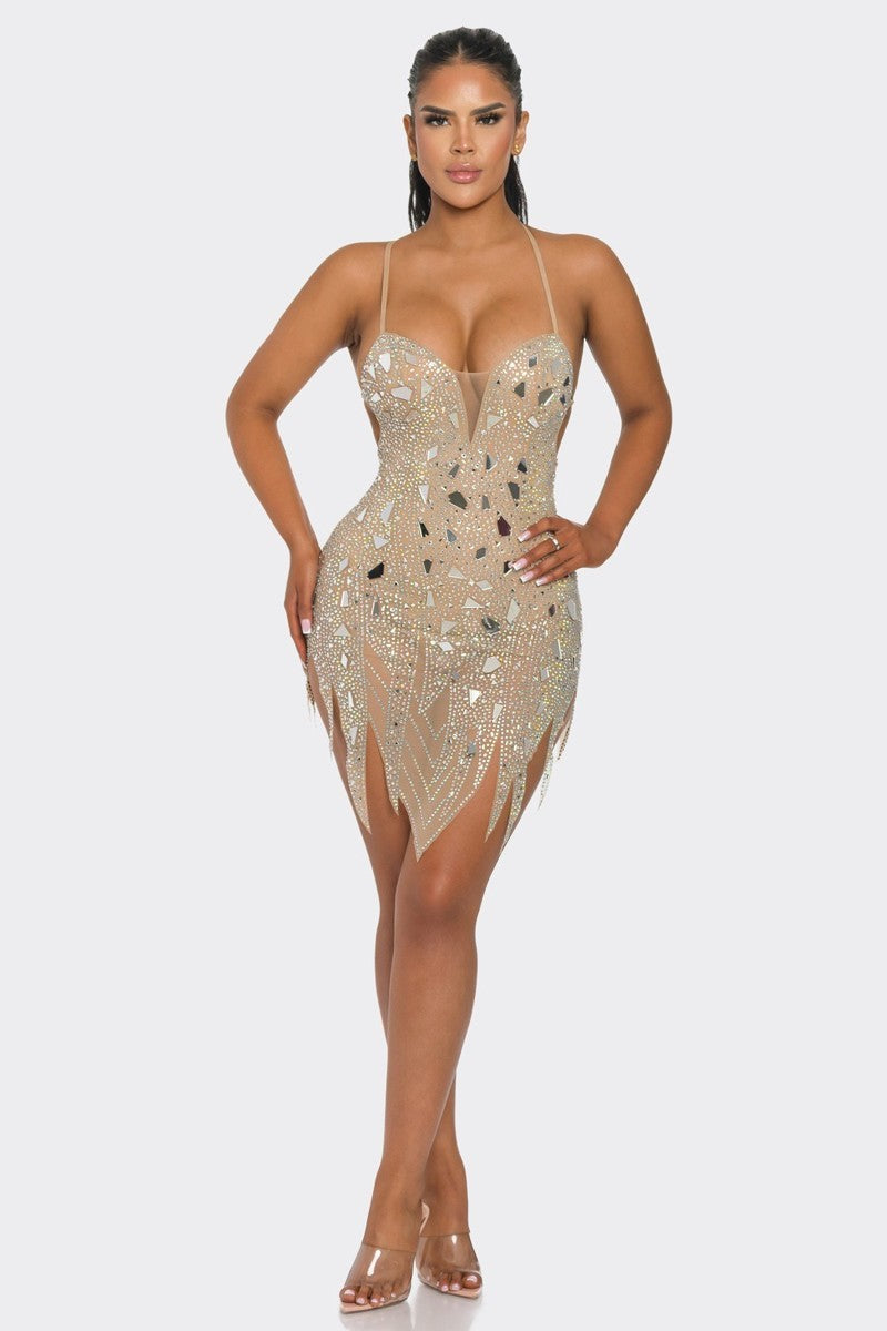 Rhinestone Tattered Mirror Bodycon Dress