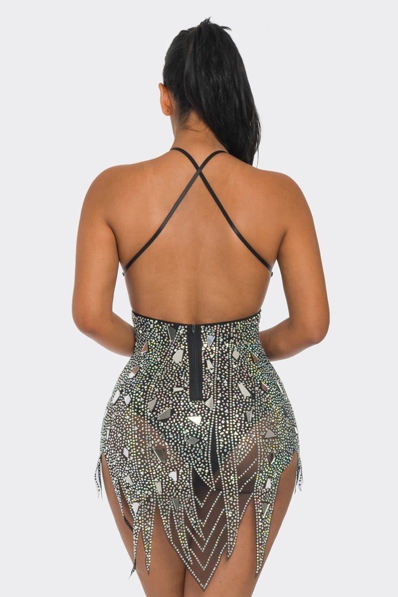 Rhinestone Tattered Mirror Bodycon Dress