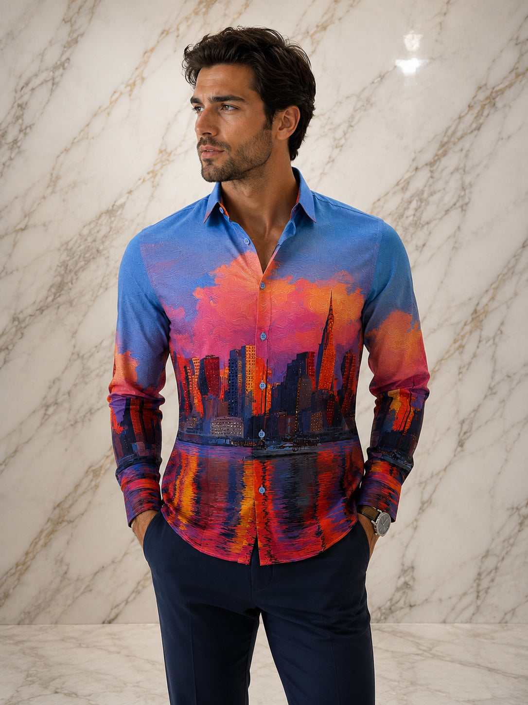 NYC Skyline Sunset Print Button-Down Shirt