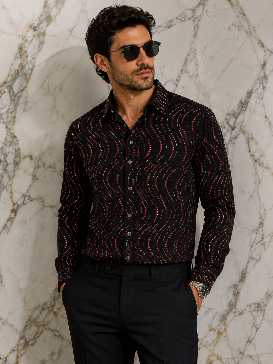Men's Black Crystal Wave Dress Shirt