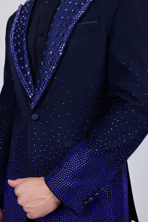 Men’s Slim-Fit Crystal-Embellished Blazer with Studded Quilted Lapels