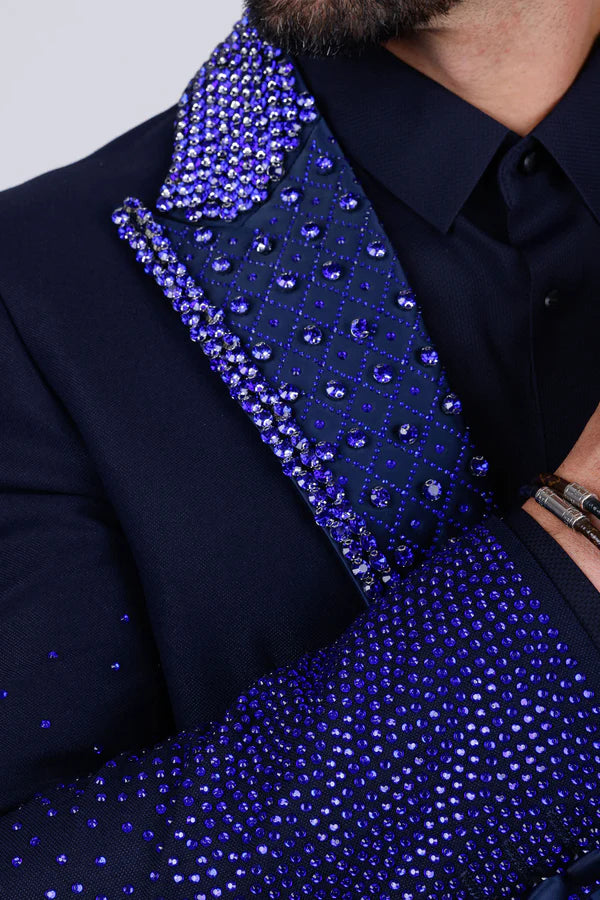 Men’s Slim-Fit Crystal-Embellished Blazer with Studded Quilted Lapels