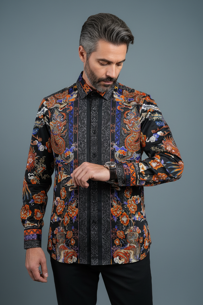 Men's Rhinestone Floral Rooster Long Sleeve Shirts