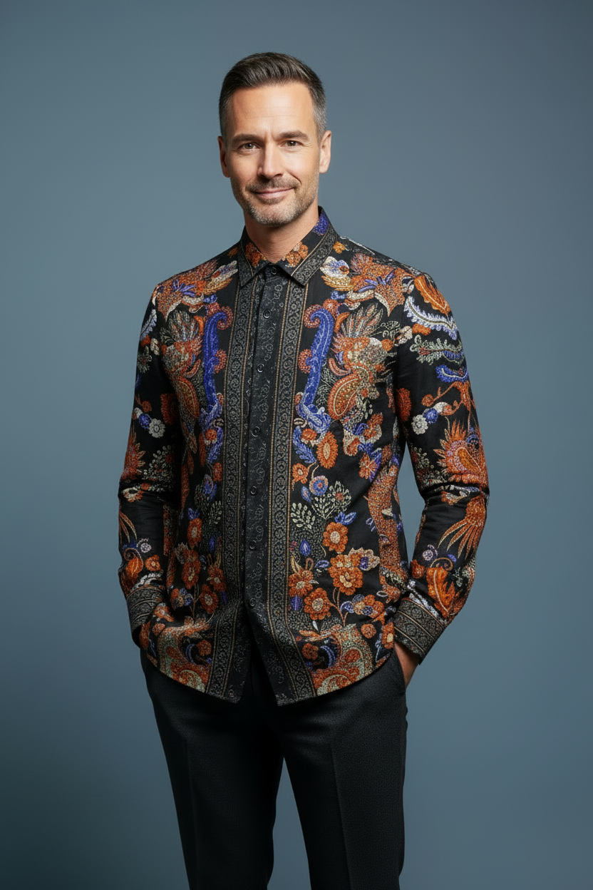 Men's Rhinestone Floral Rooster Long Sleeve Shirts