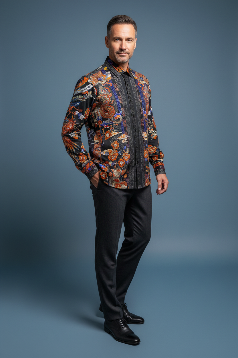 Men's Rhinestone Floral Rooster Long Sleeve Shirts