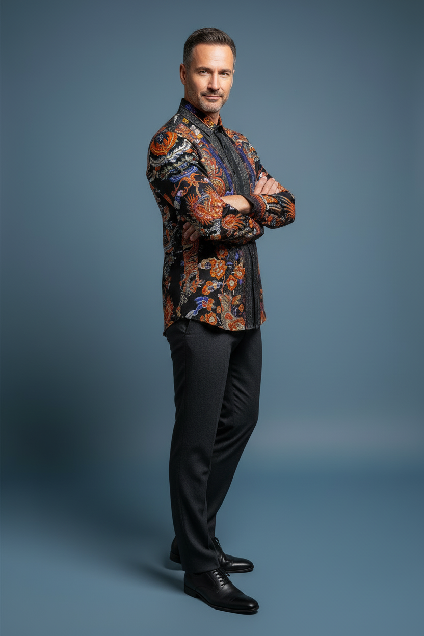 Men's Rhinestone Floral Rooster Long Sleeve Shirts