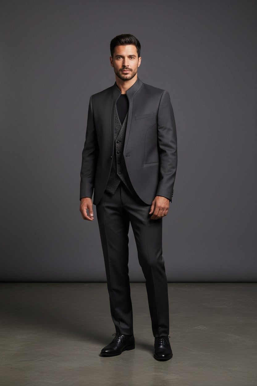 Black Mandarin Collar Tuxedo with Charcoal Paisley Vest & Ascot