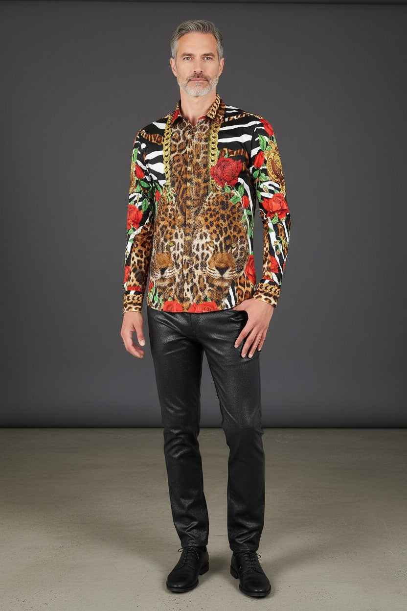 Rhinestone Baroque Leopard & Floral Shirt