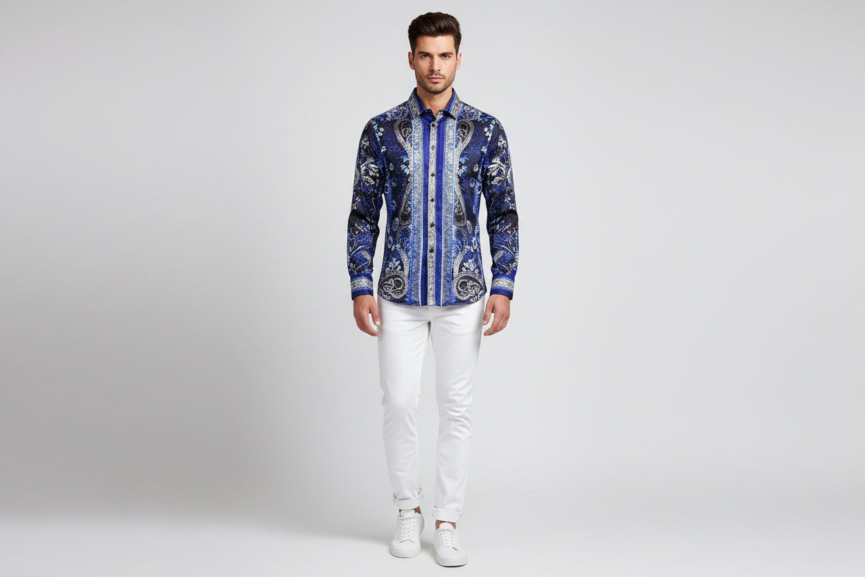 Men's Rhinestone Floral Snake Skin Long Sleeve Shirts