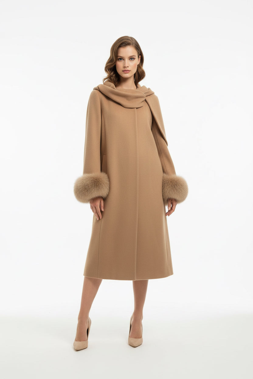 wool blend coat with large plush hoodfur cuffs