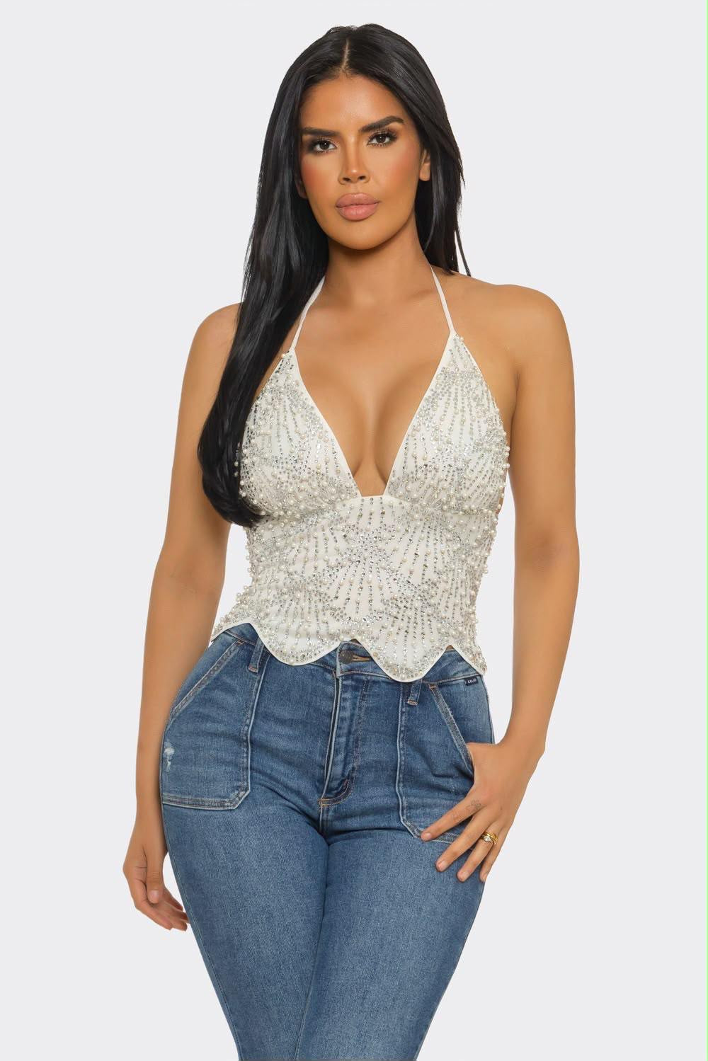 Black Pearl & Crystal Starburst Halter Top