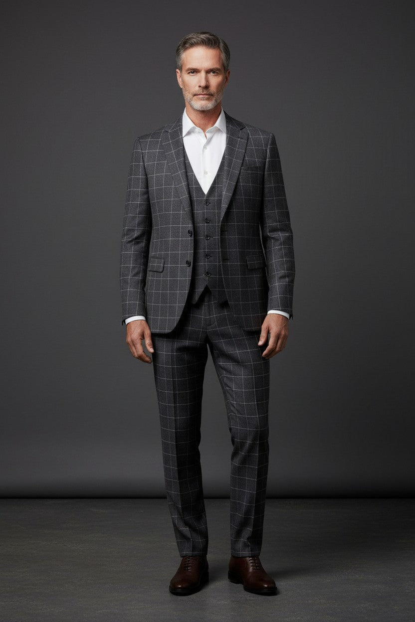 Navy Blue Plaid Three-Piece Vested Suit