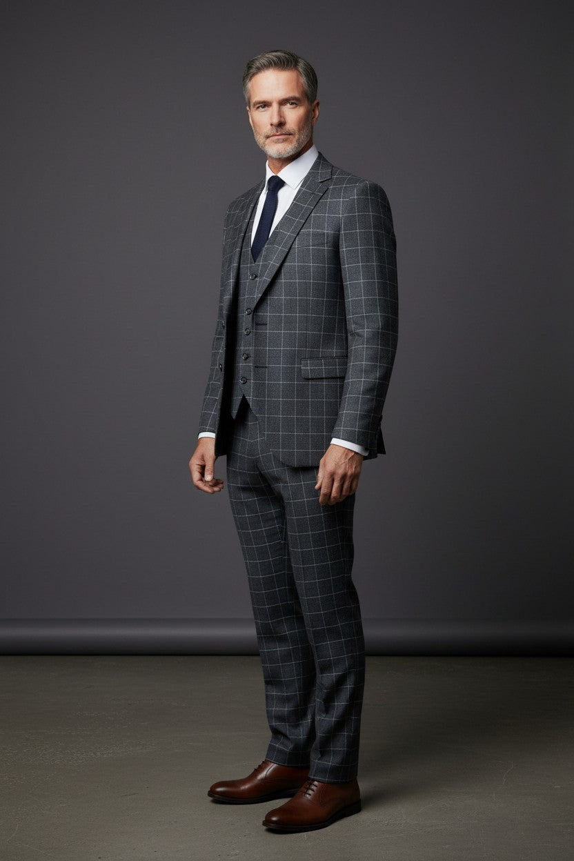 Navy Blue Plaid Three-Piece Vested Suit