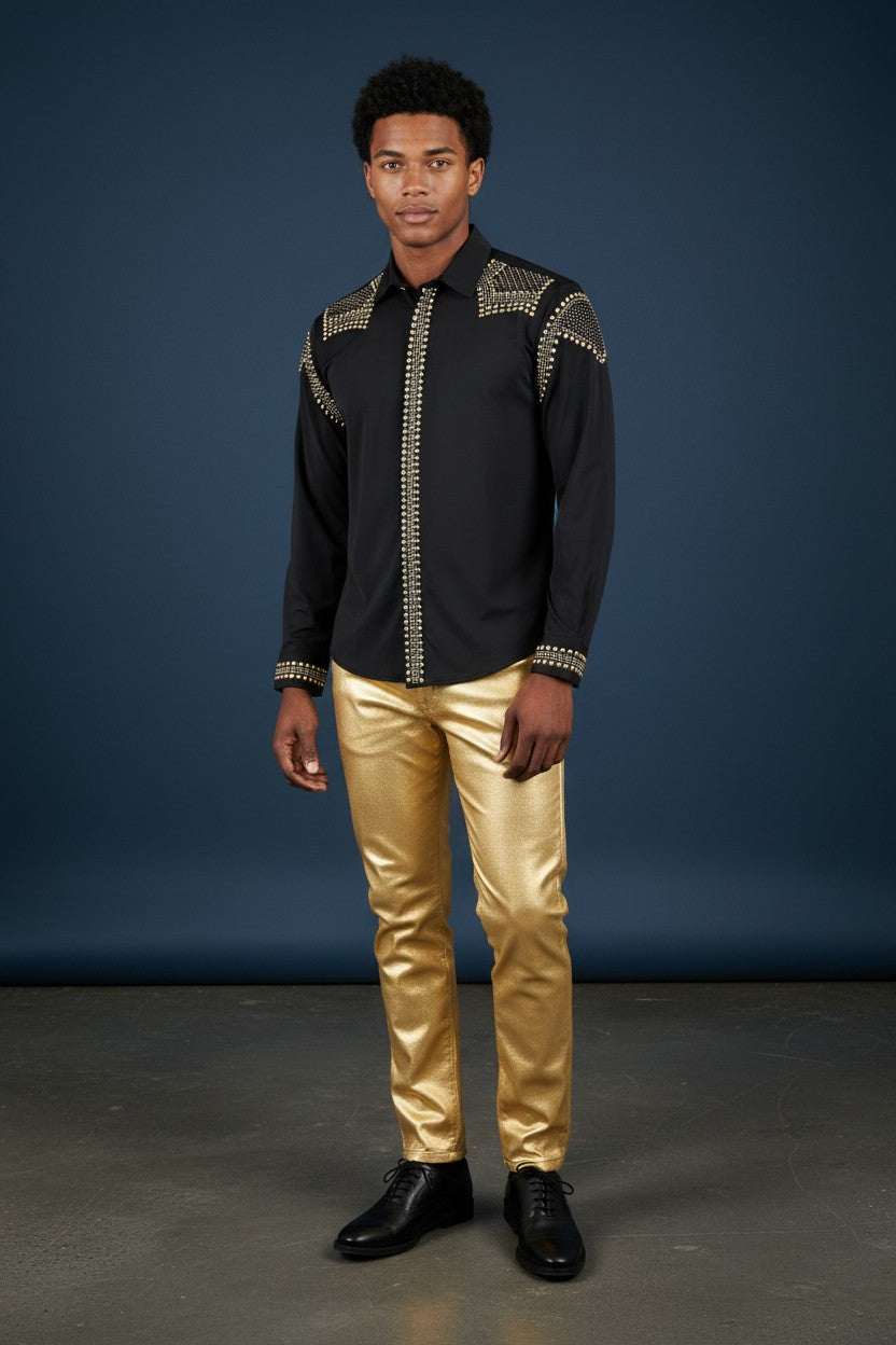 Super stretchy Long Sleeve Rivet Studded Shirt - White and Gold