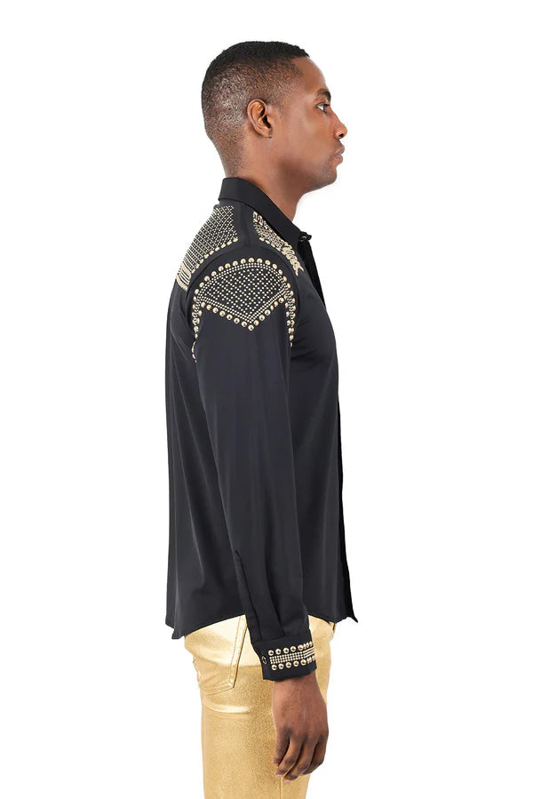 Super stretchy Long Sleeve Rivet Studded Shirt - White and Gold