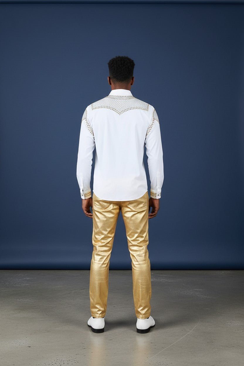 Super stretchy Long Sleeve Rivet Studded Shirt - White and Gold