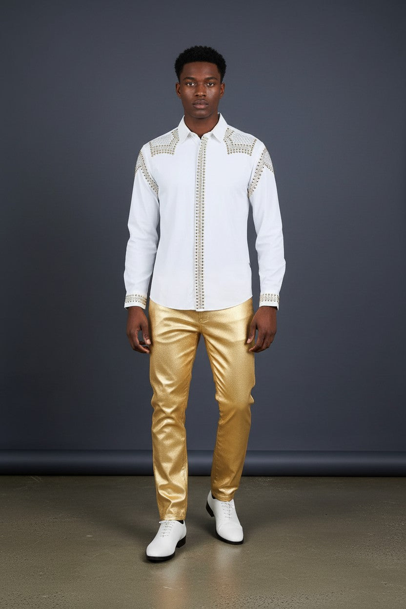 white gold dress shirt Super stretchy Long Sleeve Rivet Studded - and How you elevate a business attire monogram Color:Matte White-Gold
