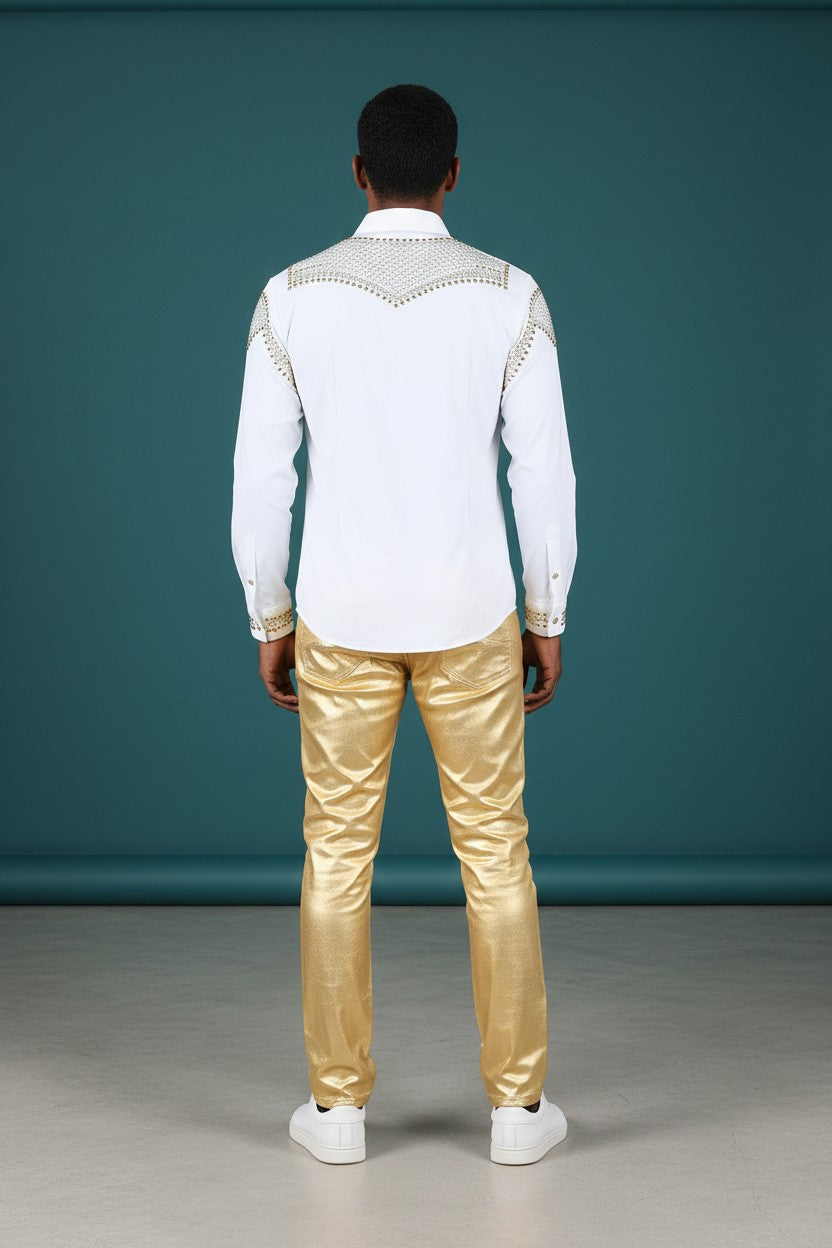 Super stretchy Long Sleeve Rivet Studded Shirt - White and Gold