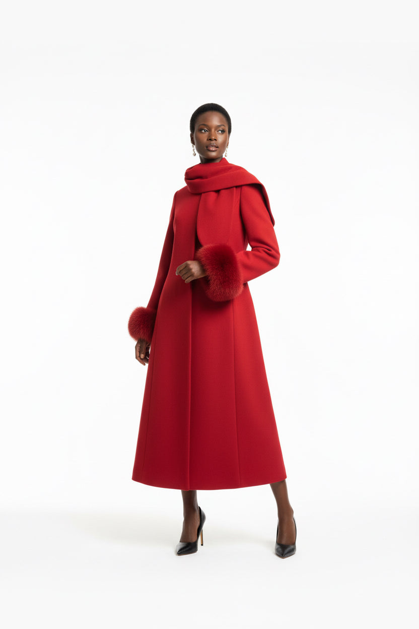 wool blend coat with large plush hoodfur cuffs