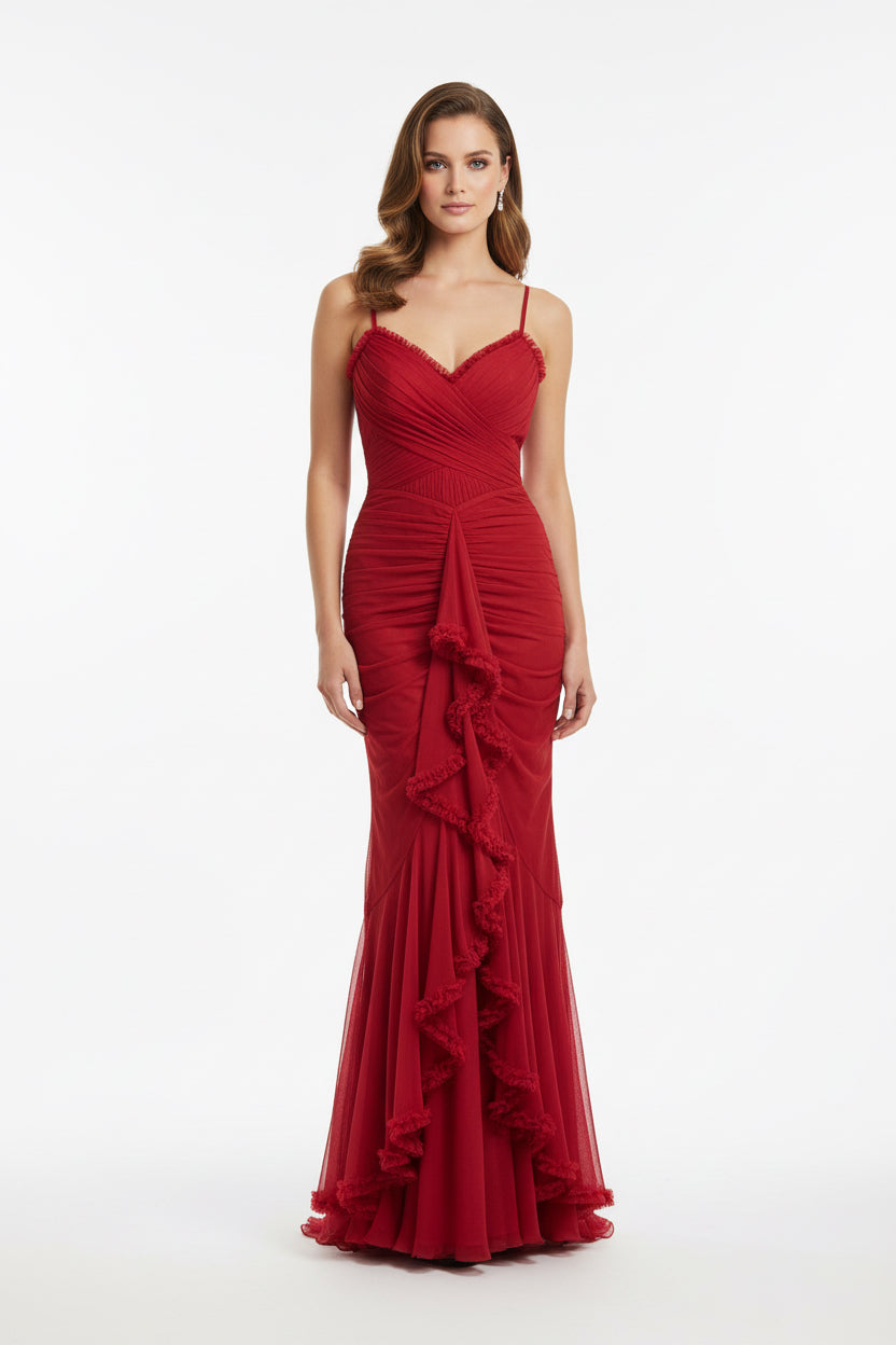 elegant red rushed maxi dress features spaghetti straps ruffles down the front.