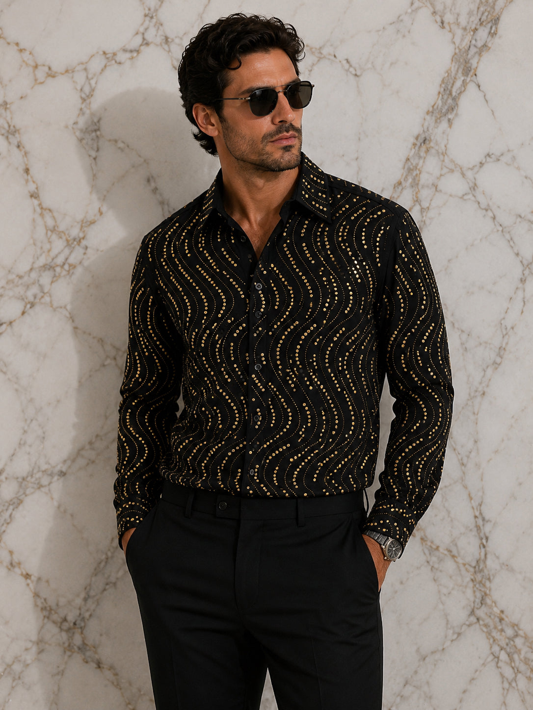 Men's Black Crystal Wave Dress Shirt