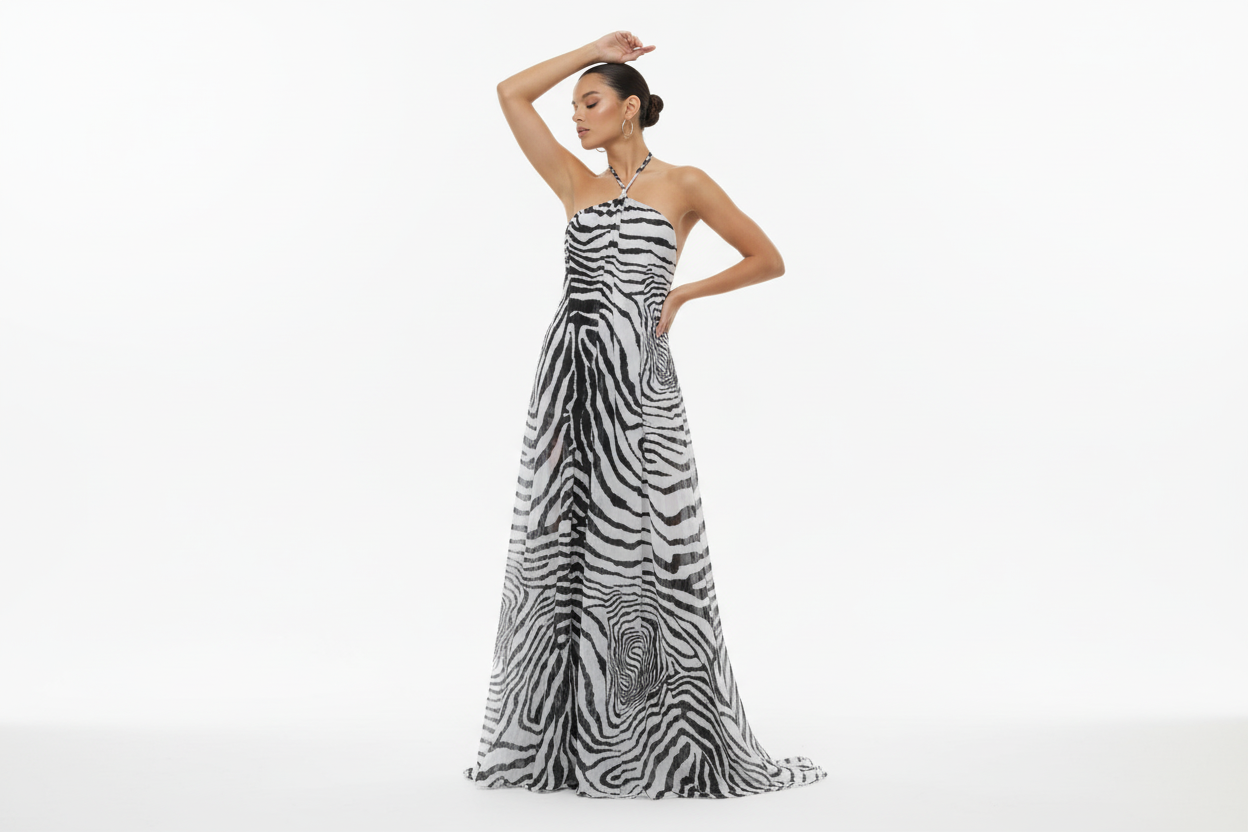 GEOMETRIC TIE HALTER MAXI DRESS